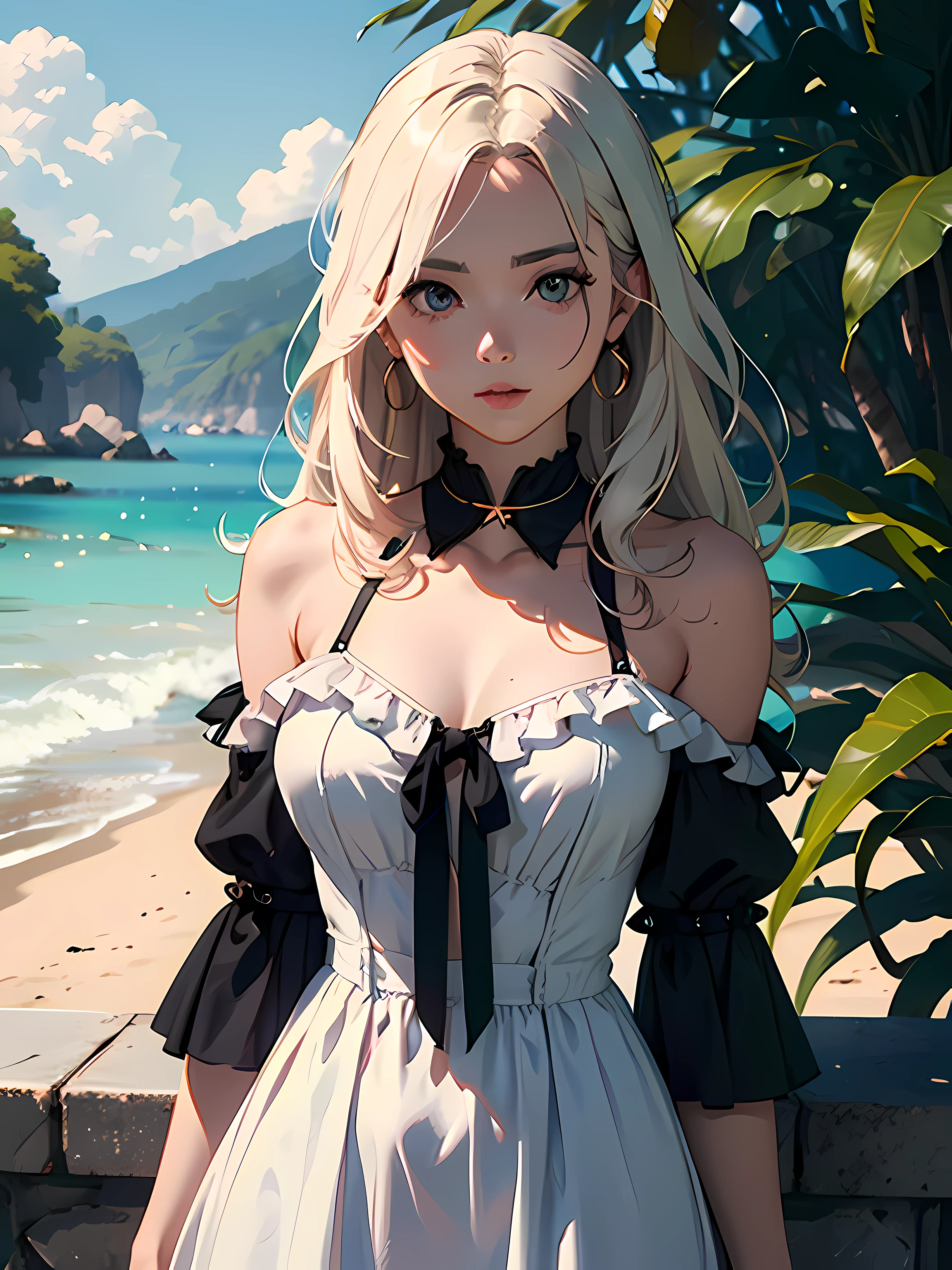 Works of masters，Best image quality，Higher quality，high detal，超高分辨率，8K分辨率，bust，exquisite facial features，s the perfect face，Glowing skin，((femele))，(solo person)，(Actress)，(long whitr hair)，(Hair over the shoulder)，(Summer dress)，(((Facing the viewer)))，