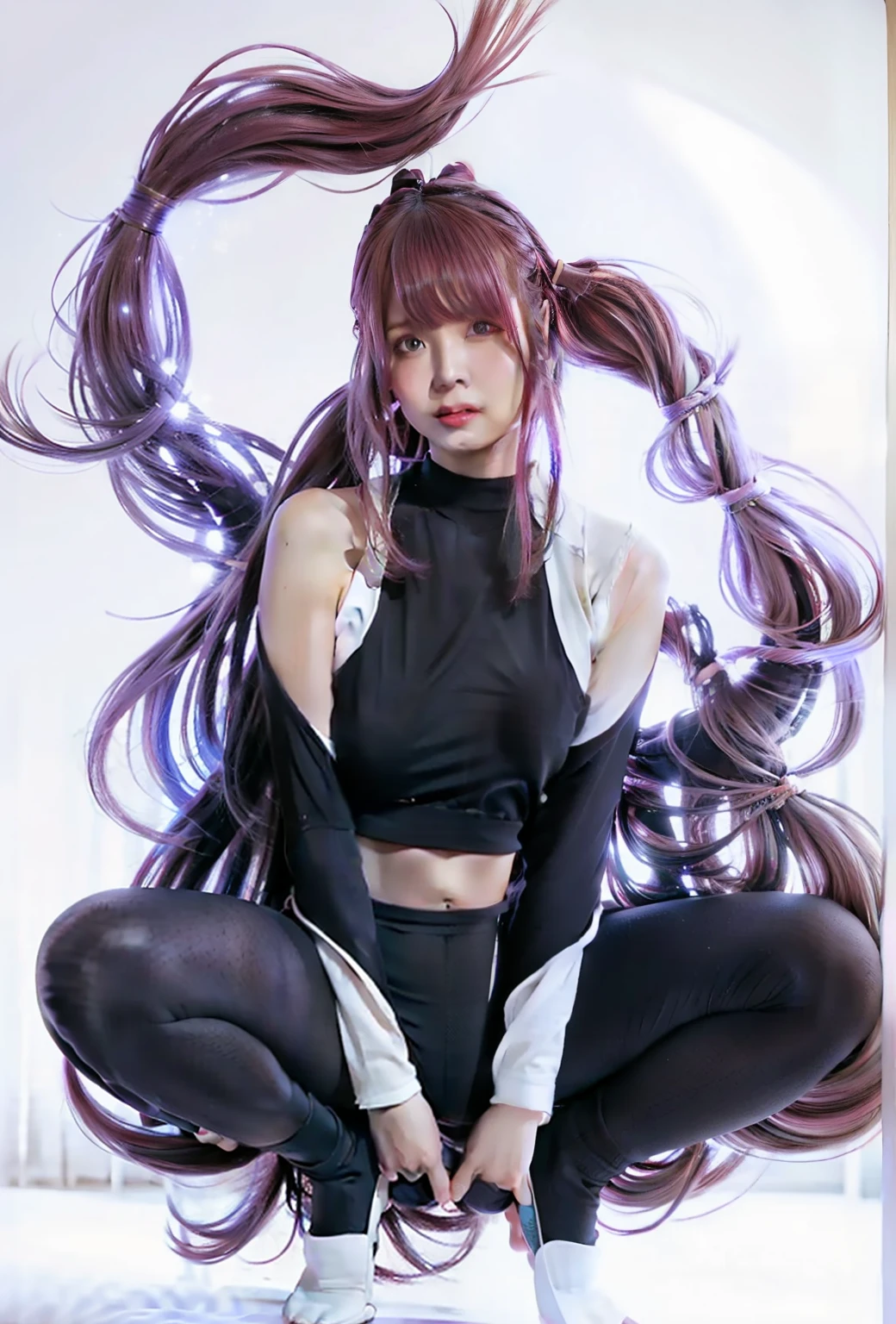 Realistic,A woman, good anatomy, white skin, brown eyes, beautiful eyes, pink natural lips, long purple hair, wearing tight leggings, Squat position, sexy body, big boobs, 4k quality, Muscular flat stomach, best photography, winning award photography