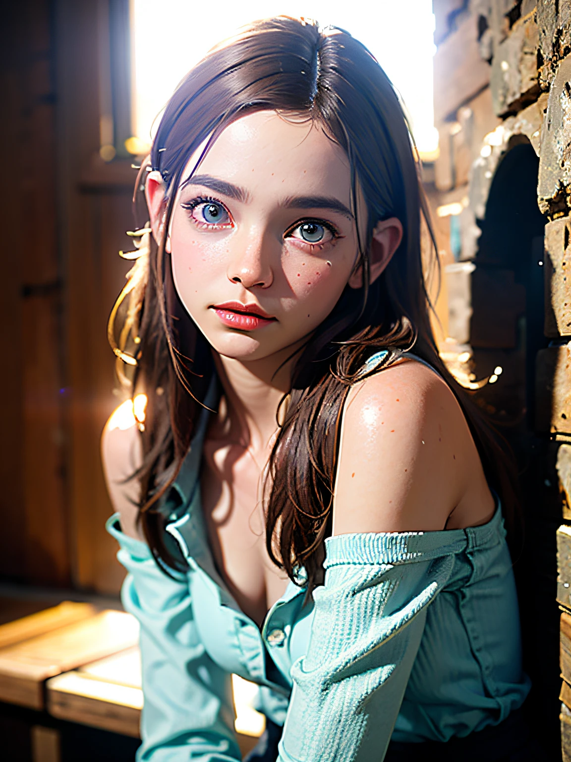 high detailed sensual raw photo of 1 girl, long brown streaked hair, (over the shoulder), dewy skin, petite figure, small breast, wearing off the shoulder blouse, (halfway unbuttoned), pleated skirt, leaning against a wall, natural light, film grain, HasselBlad, 85mm, F/2.8, Cowboy Shot, Wide-Angle, Gigapixel, (high detailed eyes:1.2), (high detailed skin:1.2) ,(8K, UHD:1.2), Highres, , Intricate details, Macro-Focused, Exposure gradient, Color gradient, Contrast gradient, Smooth texture,
