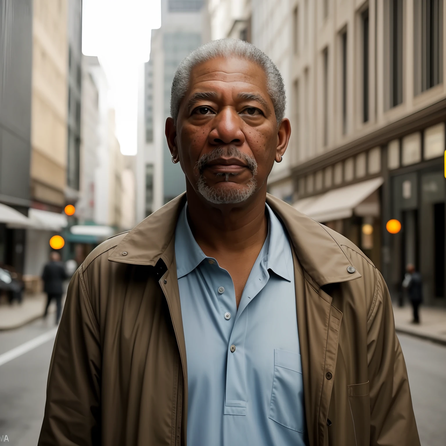 There is a man standing in the street in a town, Retrato de Morgan Freeman, Morgan Freeman •, Morgan Freeman como Gordon Freeman, inspirado em Gordon Parks, fim de uma era, foto do retrato de um homem velho, Retrato de 50mm, Sigma 85/1.2 retrato, retrato de alta qualidade, homem bonito, retrato da vida real, Contemplando