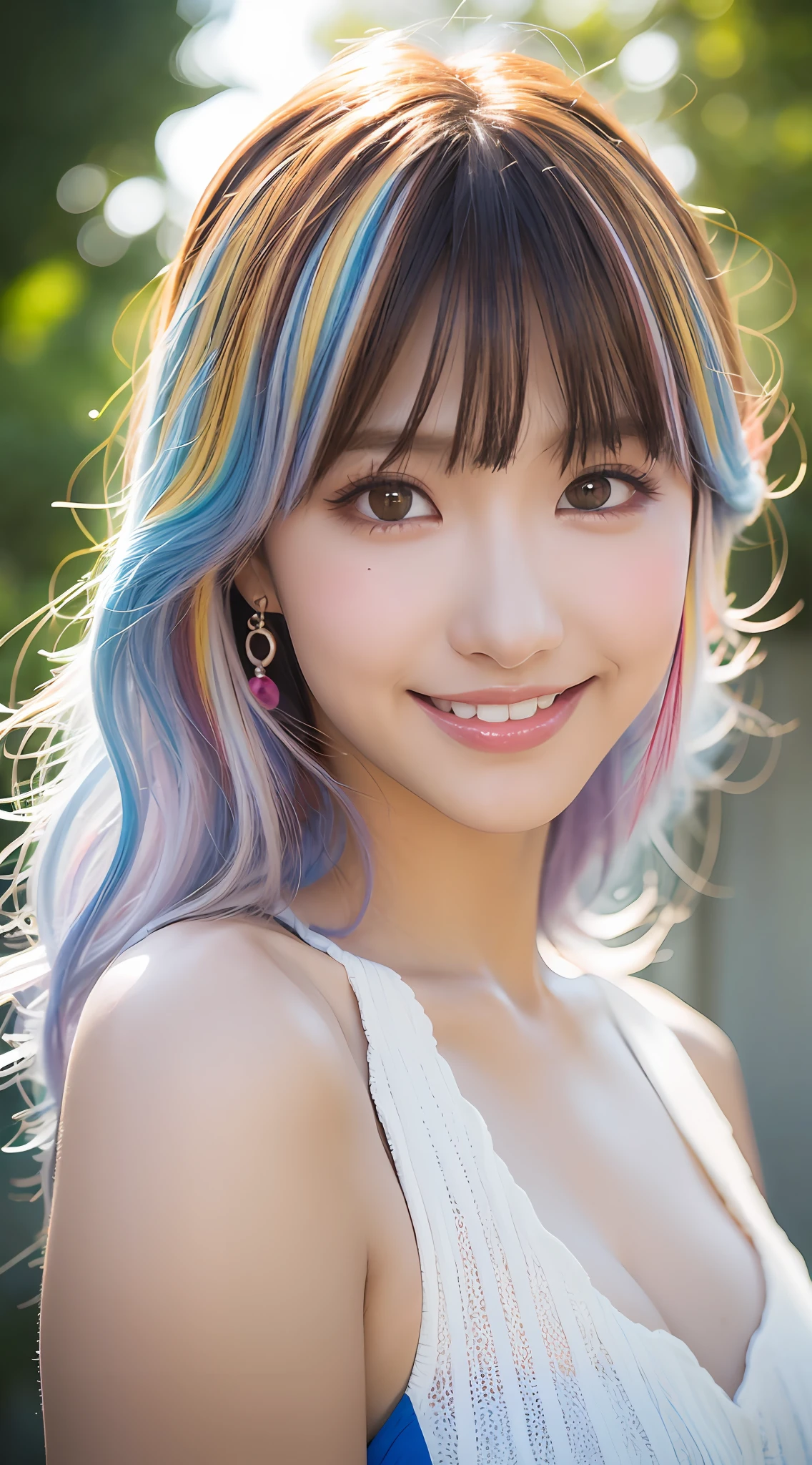 multicolored hair, hair over shoulders, hair splayed out, jewelry, Moles under eyes, Colored Contact Lenses, Earrings, Smile, Anime, romanticism lain, Ghibli-like colors, Anime style, back lit lighting, full bloom, Fuji colors, kanon, hyper HD, Masterpiece, Anatomically correct, Best quality, Textured skin