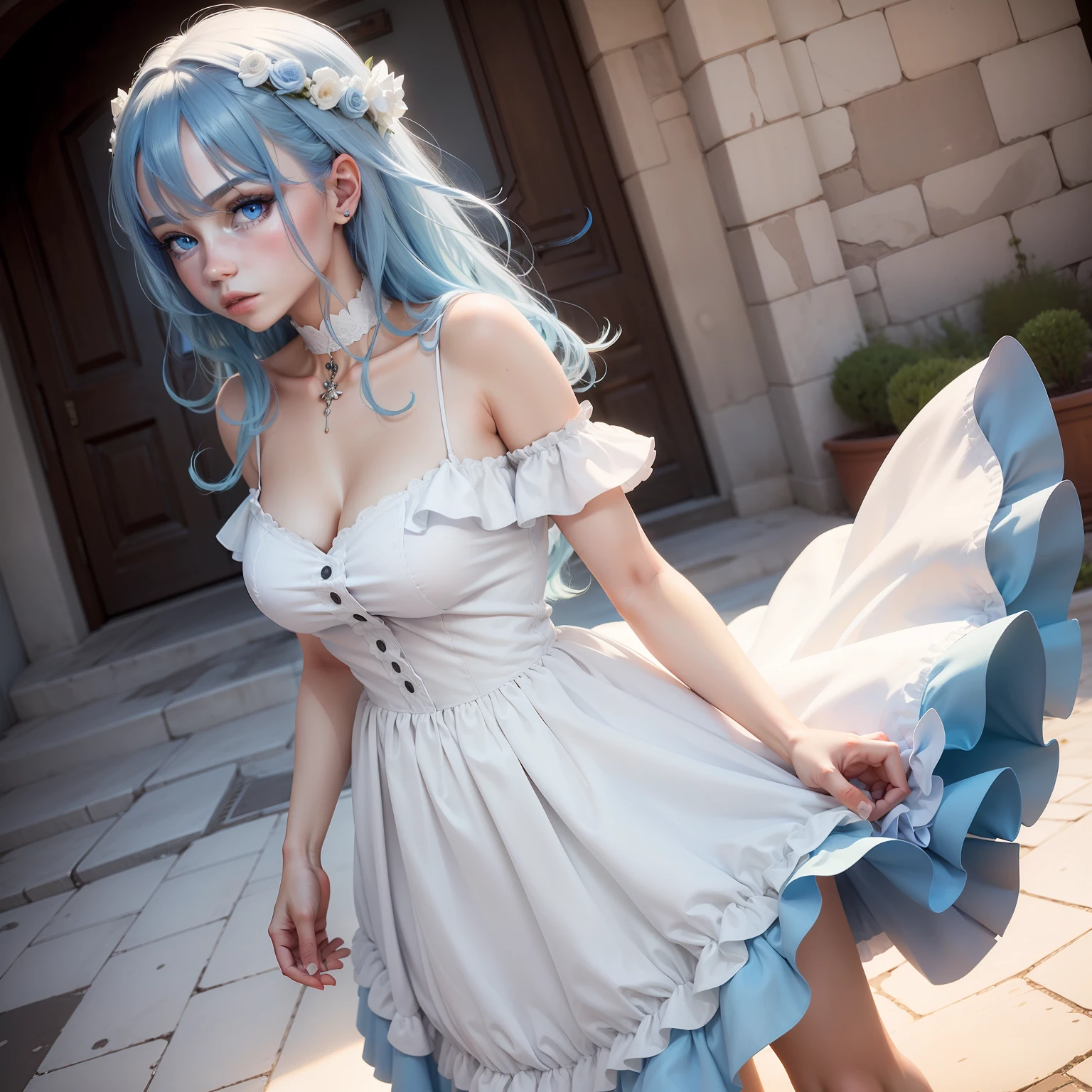 a women, blue hair, blue eyes, white dress