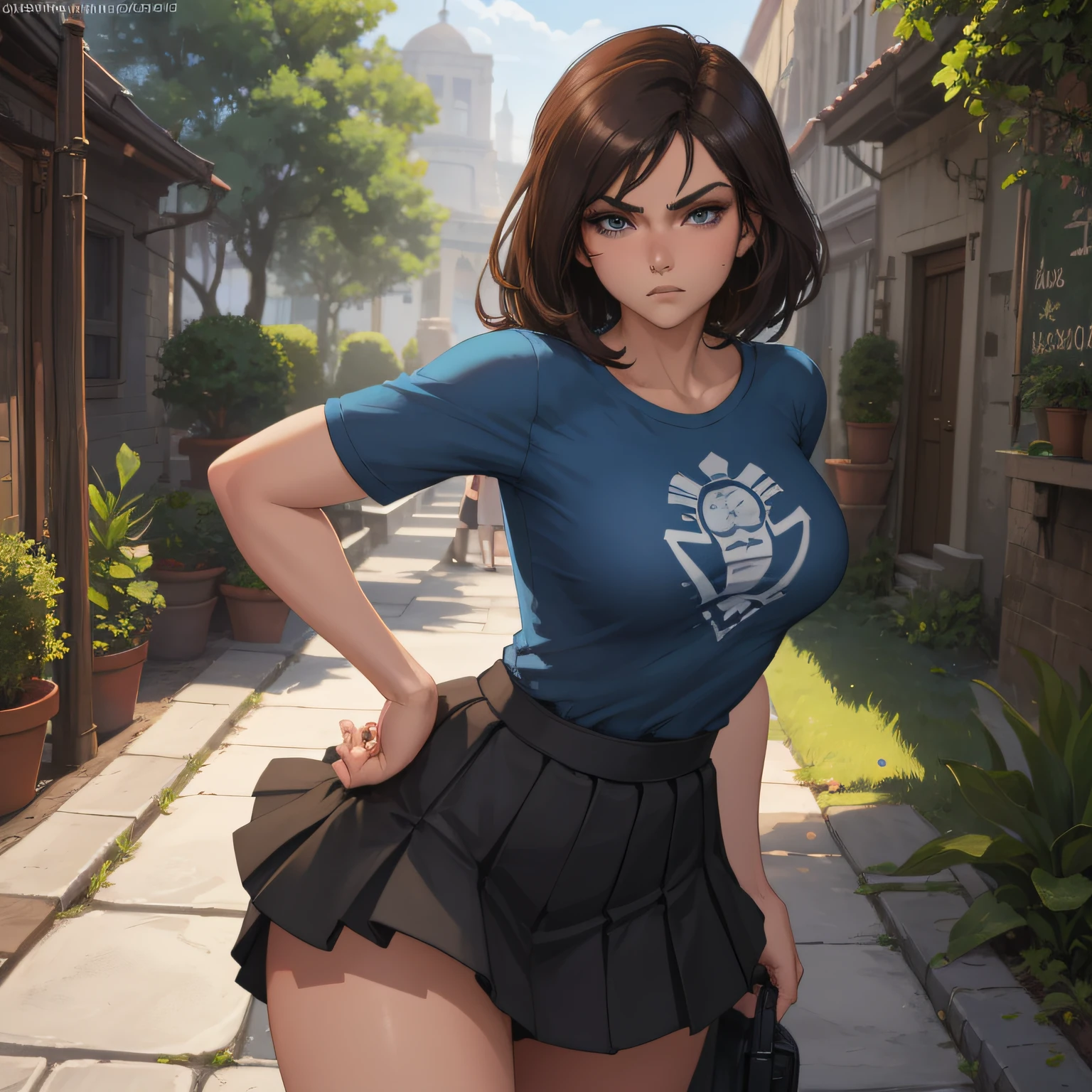 8k,masterpiece, bset quality,big, (1 girl), Korra, blue_eyes, brown hair, long hair, professional lighting, (shiny skin: 1.2), shiny big, ((best quality)), sharp focus: 1.2, highly detailed face and skin texture, detailed eyes, perfect face, perfect body, blur art, cg, background, Big breasts, presence (20yo, mature cool and beautiful face), wearing ((black skirt), blue taut shirt, thigh), blush, (mittgal), random pose, top view, perfect eye, angry face
