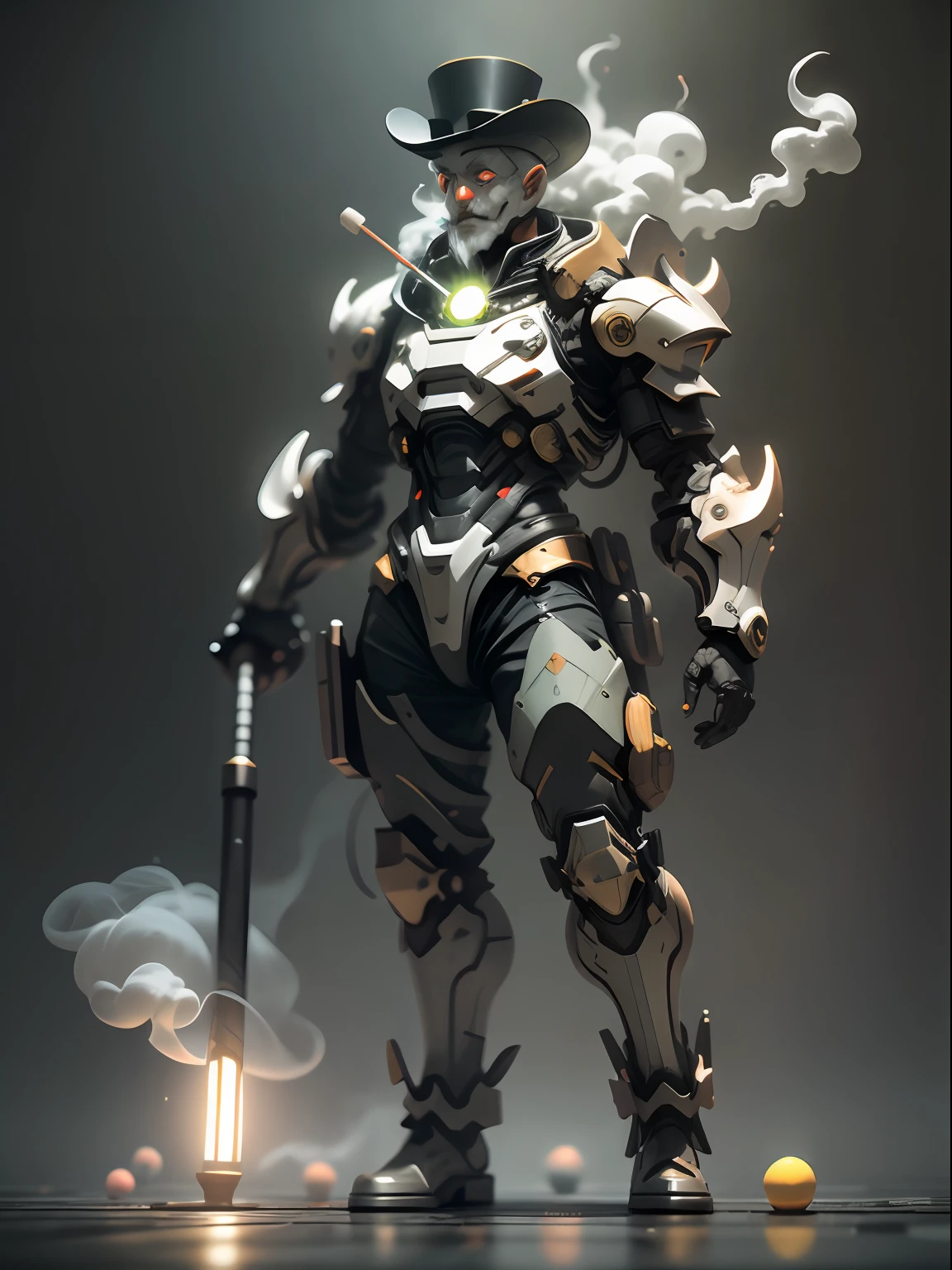 Ghost clown with lollipop, super cool ghost clown, holding crutches, grimace, top hat, green armor, wearing green mechanical armor, smoke surrounding, juggling props, cloud and smoke surrounding, stage lighting atmosphere, glowing eyes, huge lollipop, imposing walking, positive perspective, perfect body proportions, tall figure, tall height, full body photo, super detail, looking up view, IP by pop mart, edge light, avatar, octane rendering, blender, full body, Clean Black Background, 3D, C4D, Best Quality, Very Detailed, Ancient Technology, HDR (High Dynamic Range), Ray Tracing, NVIDIA RTX, Super Resolution, Unreal 5, Subsurface Scattering, PBR Textures, Post Processing, Anisotropic Filtering, Depth of Field, Maximum Clarity and Sharpness, Multi-layer Textures, Albedo and Highlight Maps, Surface Shading, Accurate Simulation of Light-Material Interactions, Perfect Proportions, Octane Rendering, Two-tone Lighting, Low ISO, White Balance, Rule of Thirds, Wide Aperture, 8K RAW, high efficiency sub-pixel, subpixel convolution, luminescent particles, light scattering, Tyndall effect
