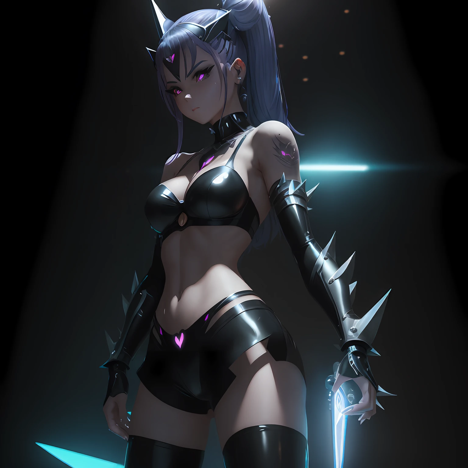 An evil magical girl in a skimpy outfit stands alone. Her costume is made up of latex fabric and transparent tights. She wears sharp black bikini armor. A hair ornament with sharp angles on her head. Sharp claws on her fingertips. A heart tattoo around her navel. Aqua colo eyes that shine with light. Futuristic machines in the background