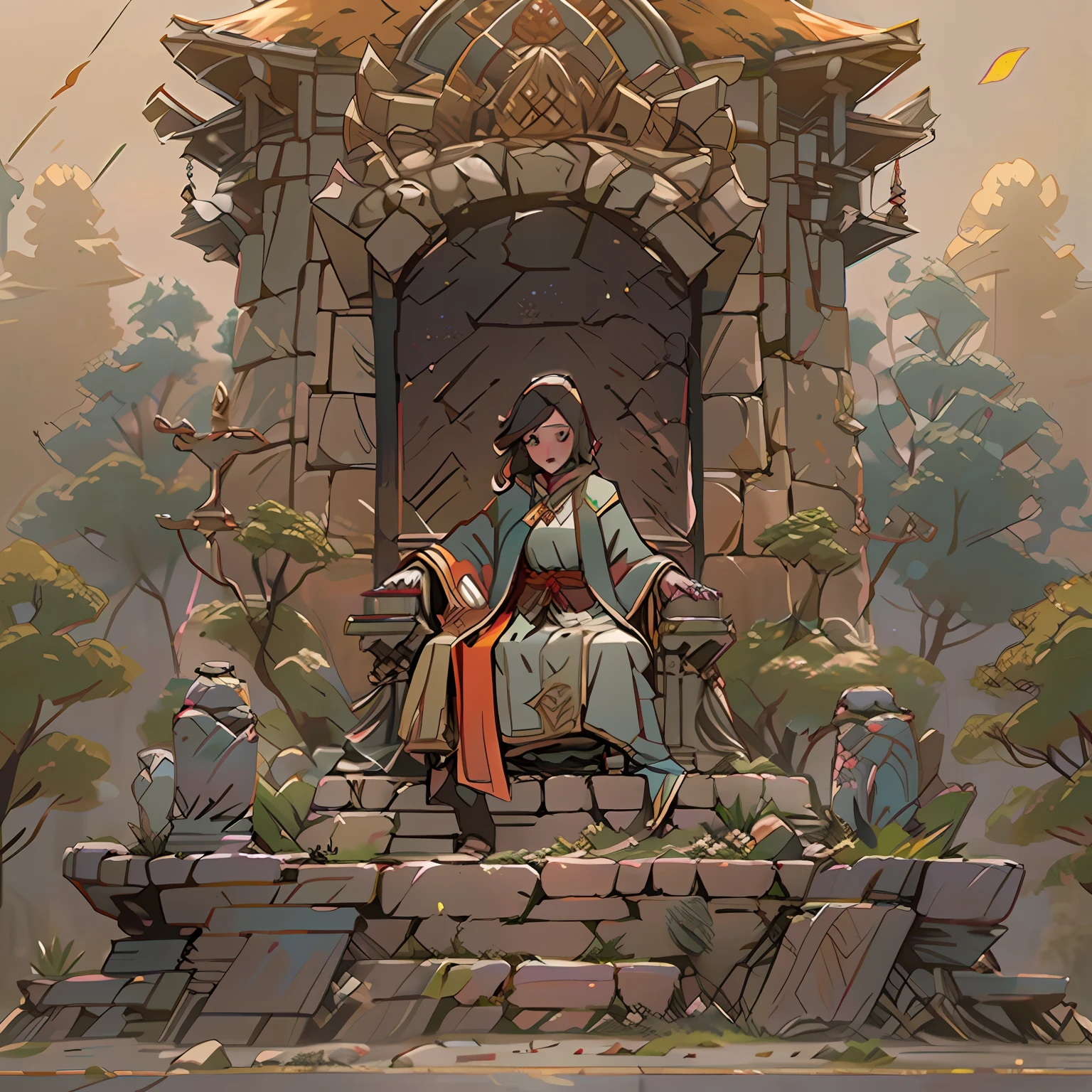 A man stands behind the throne, The image dissolves in a haze, dawning, A 30-year-old woman sits on a throne made of stone,  hands outstretched, colored stones hang in the air, 真实感, higly detailed, Good clarity, fentezi, 4kk, 8KK