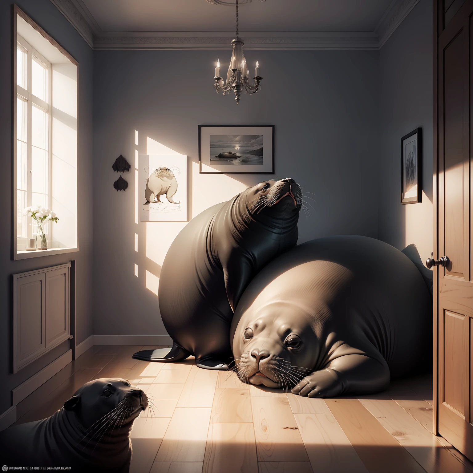 walrus, sea lion, seal, in a room, high resolution, fantasy drawing, pencil strokes, black and white