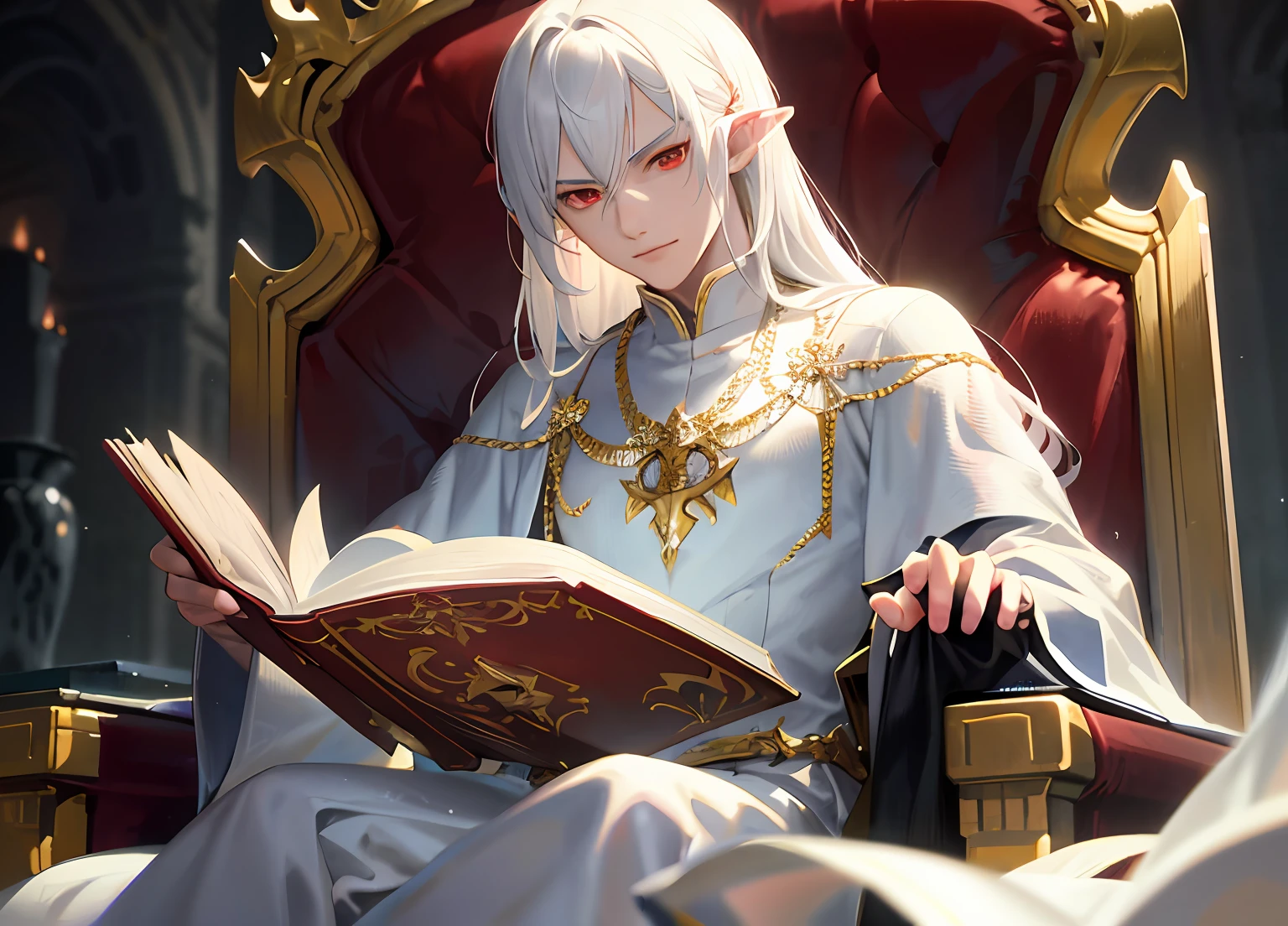 1man, male, anime, pale skin, very long hair, black hair, crimson red eyes, intricate details, best quality, elf ears, smirk, detailed face, detailed hands, holding book with one hand, library, dark, dim light, open chest, butler clothes, adult male, slim muscular, fit, look at viewer, sitting at chair, side glance, vampire features (pointy ears, pale skin, red eyes, slim body), animated, semi realism, detailed eyes, perfect features (eyes, hands), portrait image