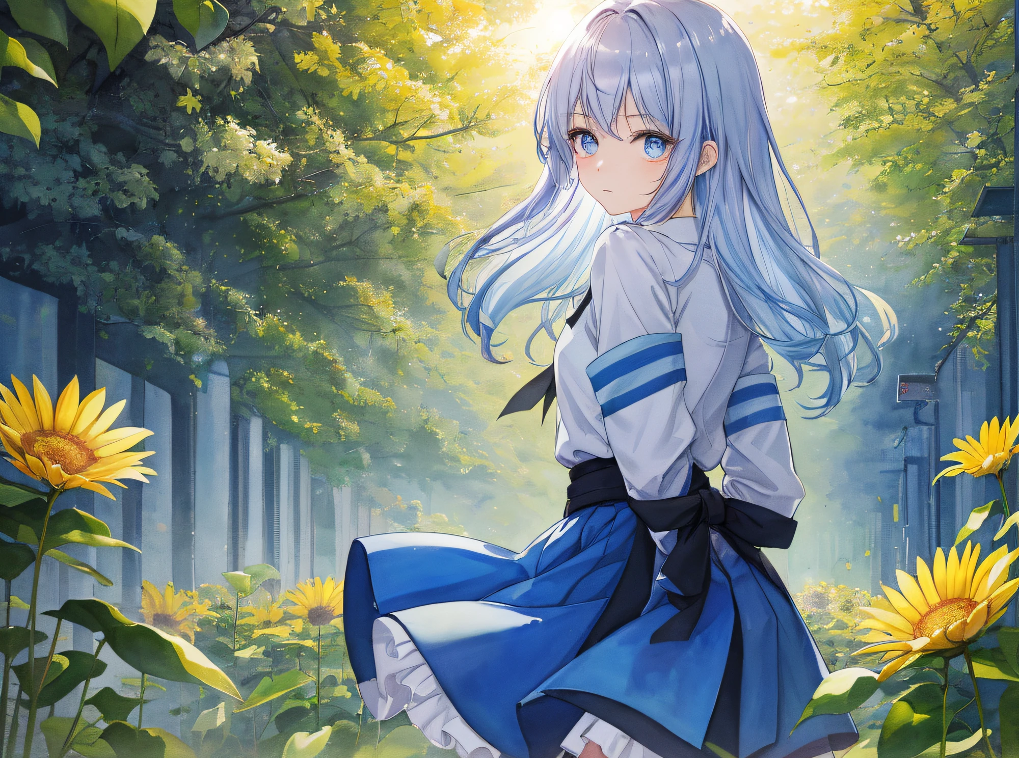 hyper detailed illustration ,superfine illustration, ((((masterpiece)))), High quality, very_high_resolution, Large_filesize, fulcolor ,Very cute and beautiful girl,Very cute and beautiful anime face and eyes, Very delicate eyes,eye shadow,Female, 年轻,20 years old, Medium Hair, Solo, 1 girl, pale skin , ((Waist to head)), multicolored hair、Bright blue and silver hair、cute school uniform、((Troubled face))、 、small tits, (((arms behind back))), watercolor paiting、Beautiful background、Fantastic background、Sun flower