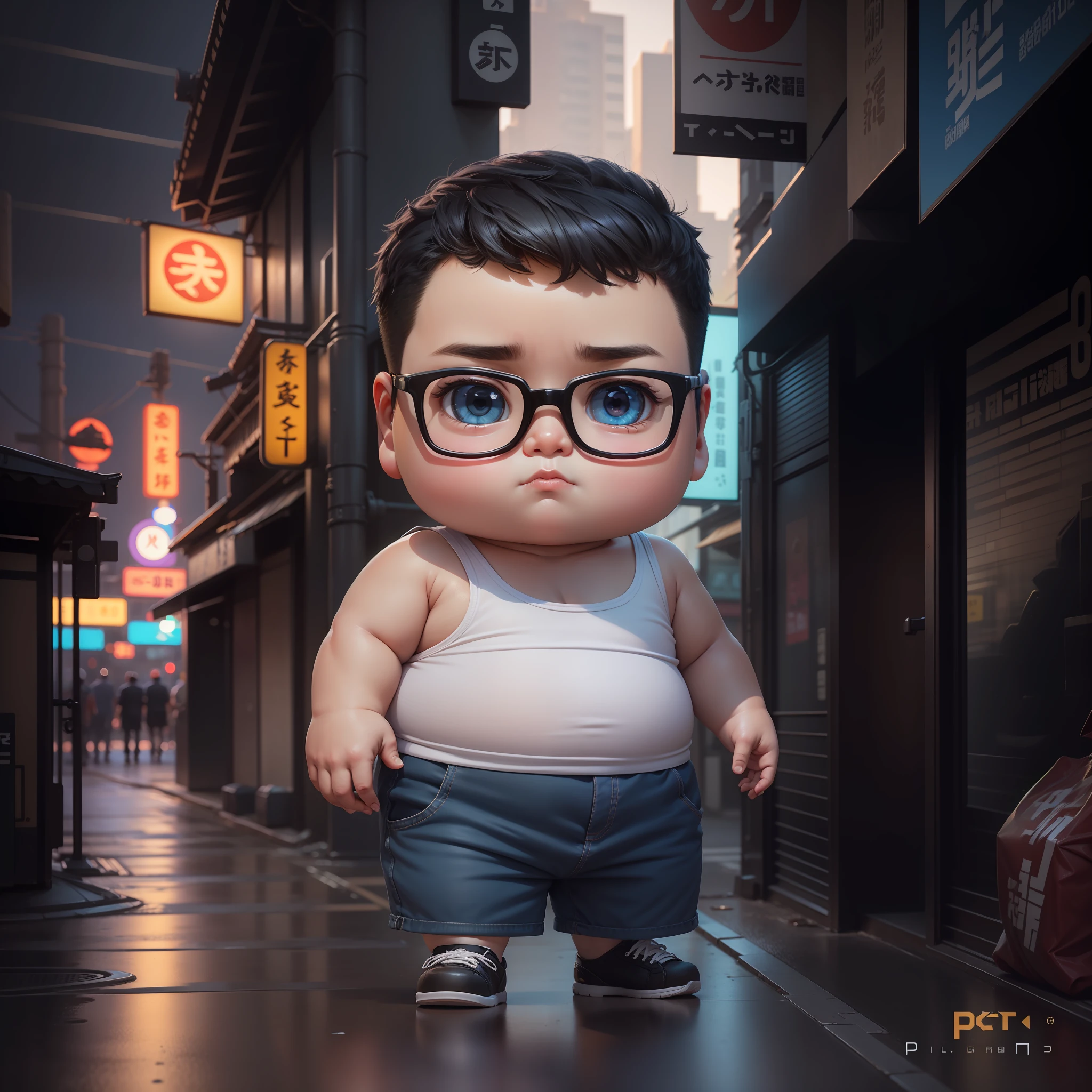 photographic portrait full body 3d render of young chubby chinese man, wear spectacle, wear white tank top, wear blue denim shorts, dark short hair, chubby face, detail face, realistic eyes, detail figers, as a full body funko pop toy, cyberpunk japan background, sigma 85mm f/1.4, 15mm, 35mm, 4k, high resolution, 4k, 8k, hd, full color, photo realistic street with cyberpunk japan style