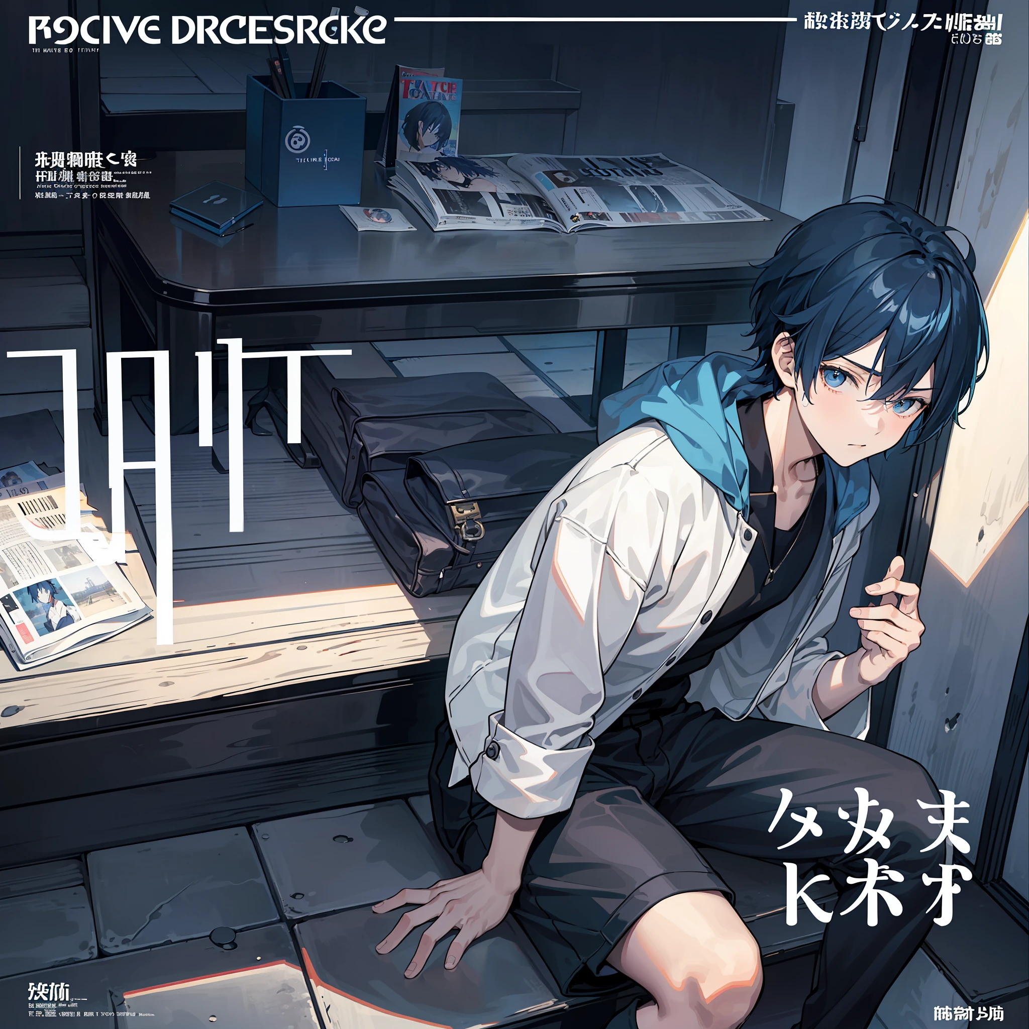 masterpiece, best quality, full body, (1boy), (The Detective Coach), (Boy Messy Japanese Round Haircut for Thick Hair), (blue hair), black shorts, (solo), (magazine:1.3), (cover-style:1.3), fashionable, mystery detective, lonely mood, tone dark