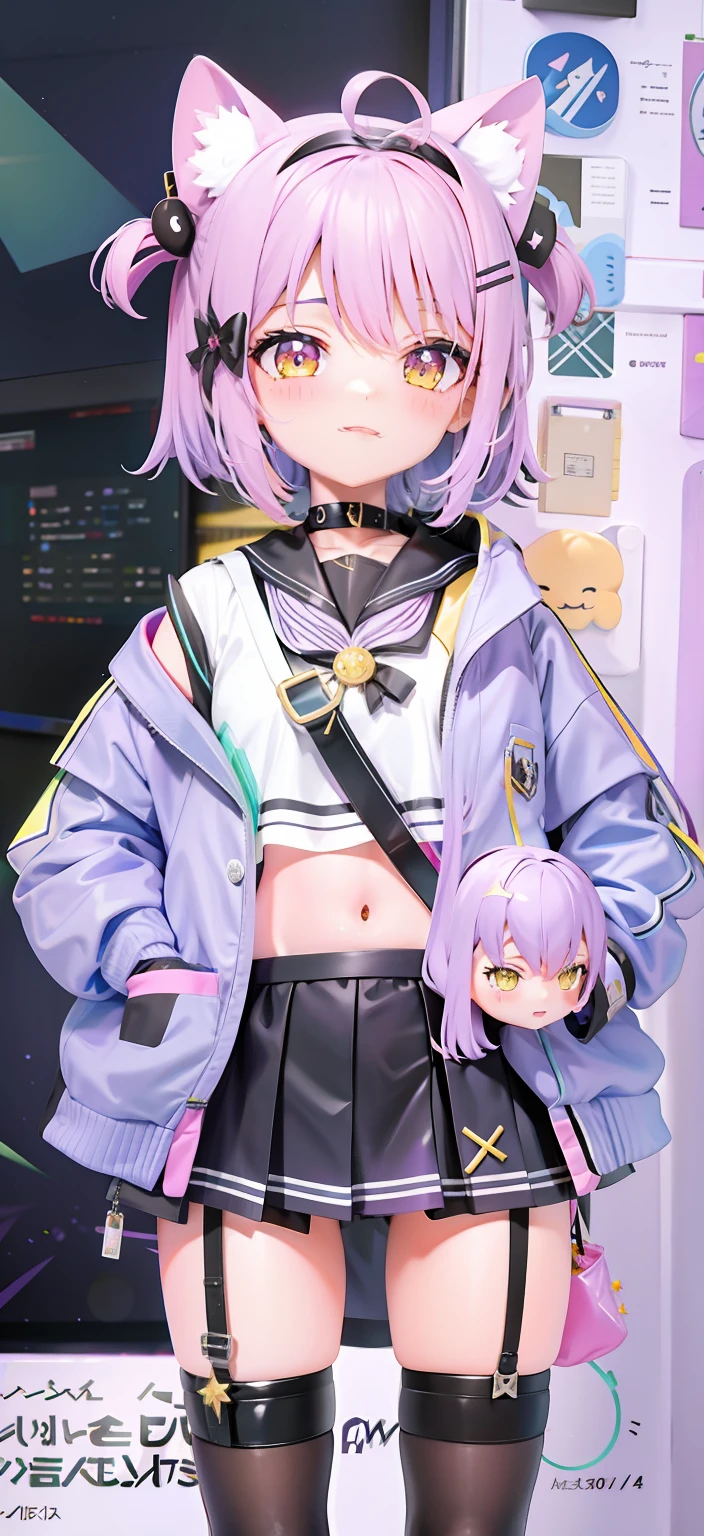 Purple hair and black stockings,  anime vtuber full body model, Magical school student uniform, magic school uniform, astral witch clothes, small curvaceous loli, Witch clothes, pastel goth aesthetic, cute character, Yellow eyes