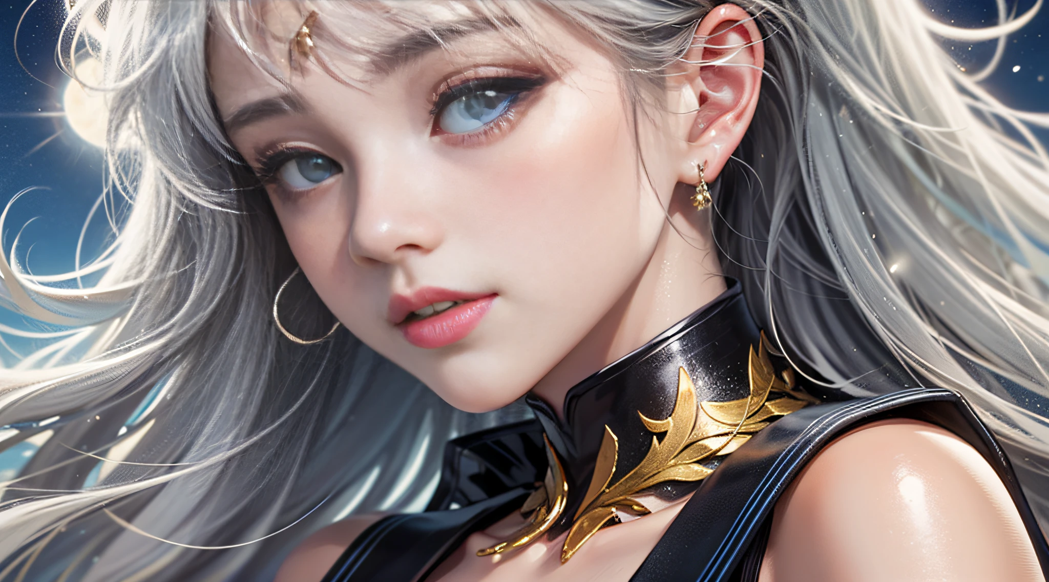 Ultra high quality，8K，Don't miss your fingers，1girll，Sailor Moon，Silvery hair，Princess Gao Leng，Close-up of the head，and the sun was shining brightly