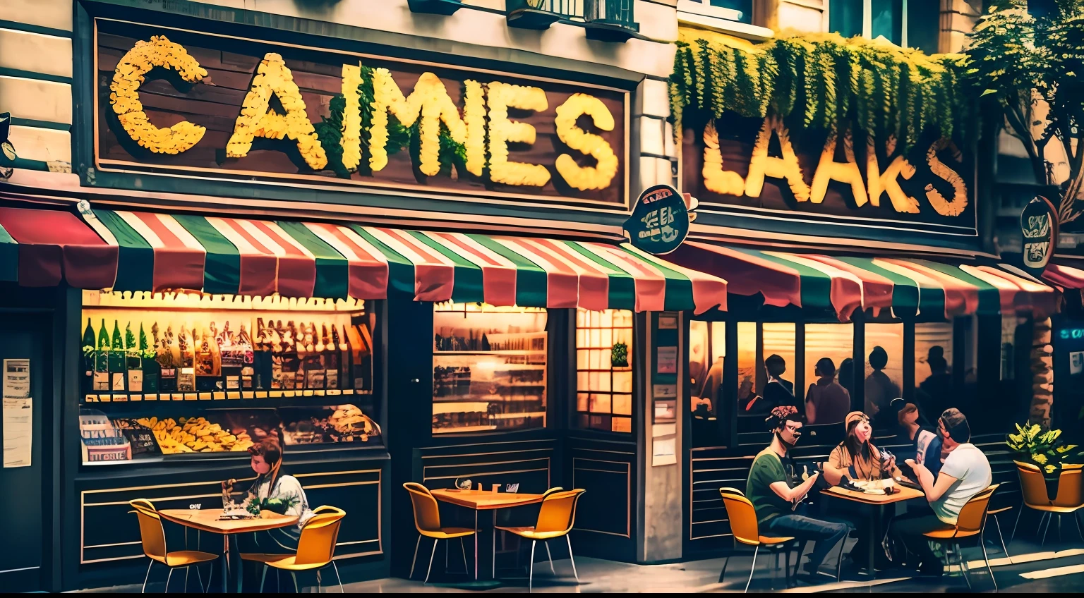 Desenhe uma cena com duas lanchonetes lado a lado, ambas localizadas em uma rua movimentada. The cafeterias have attractive facades and are identified with flashy signs.
A primeira lanchonete, tem uma grande fila de clientes animados aguardando atendimento. The queue is long, com aproximadamente dez pessoas. Customers are smiling, alguns segurando seus celulares enquanto esperam. A equipe da primeira Lanchonete aparece estar trabalhando muito para atender os pedidos. There may be one or two employees visible behind the counter, vestindo uniformes e usando aventais, and they are busy preparing the orders this Cafeteria has large windows that allow customers to see the inside, and it is possible to observe the diversity of delicious food options displayed in showcases. O ambiente parece agitado e movimentado, with tables occupied by customers enjoying their meals.
A segunda Lanchonete, chamada "Lanchonete do Vazio" Unlike the first snack bar, ela parece estar relativamente vazia. There is no visible customer queue and few or no people can be seen inside it.
The second Snack Bar also has an attractive design, But it doesn't seem to attract much attention at that point. As luzes dentro da segunda lanchonete podem estar ligadas, But there are no clear signs of activity, and the service desk seems to be empty. Algumas mesas podem estar desocupadas, ou talvez apenas algumas poucas pessoas estejam sentadas, enjoying your meals in a more tranquil environment.
Both snack bars are located in an area with an urban landscape in the background. constructions, trees and some people walking down the street complete the scene.
Provide a colorful illustration of the two eateries with the details described above. Be sure to highlight the big difference between the two eateries, com a Lanchonete do Sabor movimentada e a Lanchonete do Vazio com pouca ou nenhuma atividade.