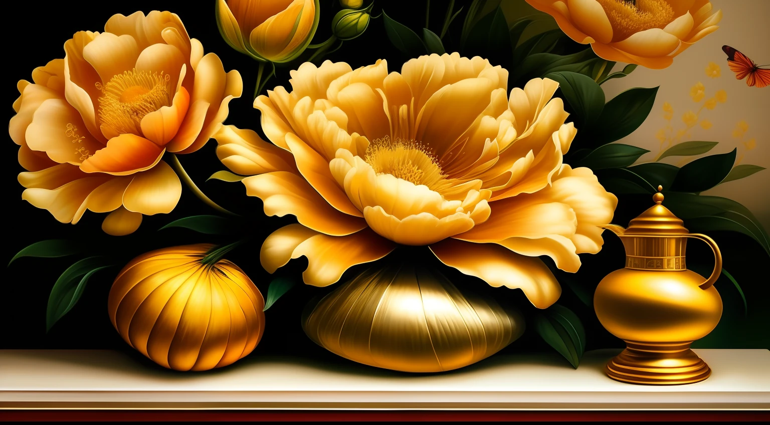 En un salon art deco, varias personas toman un coctel, a principio del siglo 20,  en el centro de la habitacion, sobre una mesa redonda de madera oscura  lustrada  hay un florero grande  estilo art deco, con un magnifico ramo, con hojas de oro y plata, flores de oro, Golden Peony Flowers, rosas doradas, flores y oro, (relieve dorado: 1.5), flores detalladas, flores hermosas, flores escamosas doradas, flores intrincadas, Chaotic gold leaf flowers, detailed 4K oil painting, detalles impresionantes y ricos, dorados. Floral, floral. Elementos barrocos, Intricate oil paintings, iluminacion cinematografica, ultra detallado, vista general de la habitacion