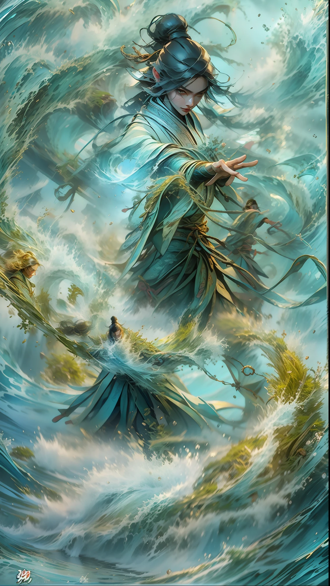 Best quality,Masterpiece,超高分辨率,,yushuishu,1 uncle,Solo,water,Waves,full bodyesbian,Gold style,Koi,Men,Hanfu,Panorama Figures