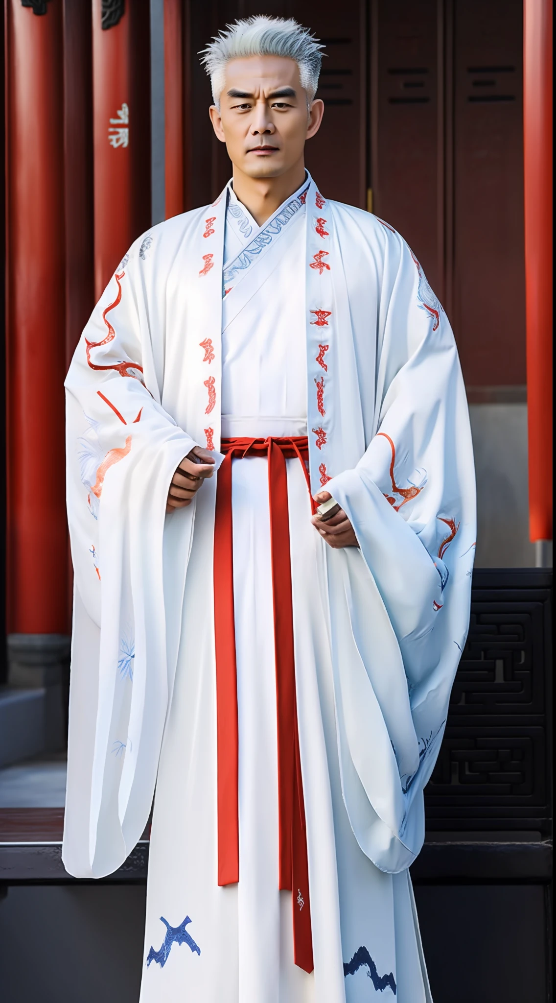 Masterpiece, Highest quality, (solofocus),, (High detail: 1.1),Dojo，yellow robe， Man, chinese crown, 1人,and white hair,超高分辨率 , Detailed background, Realistic lighting, wearing a detailed and intricate xianxia antique outfit