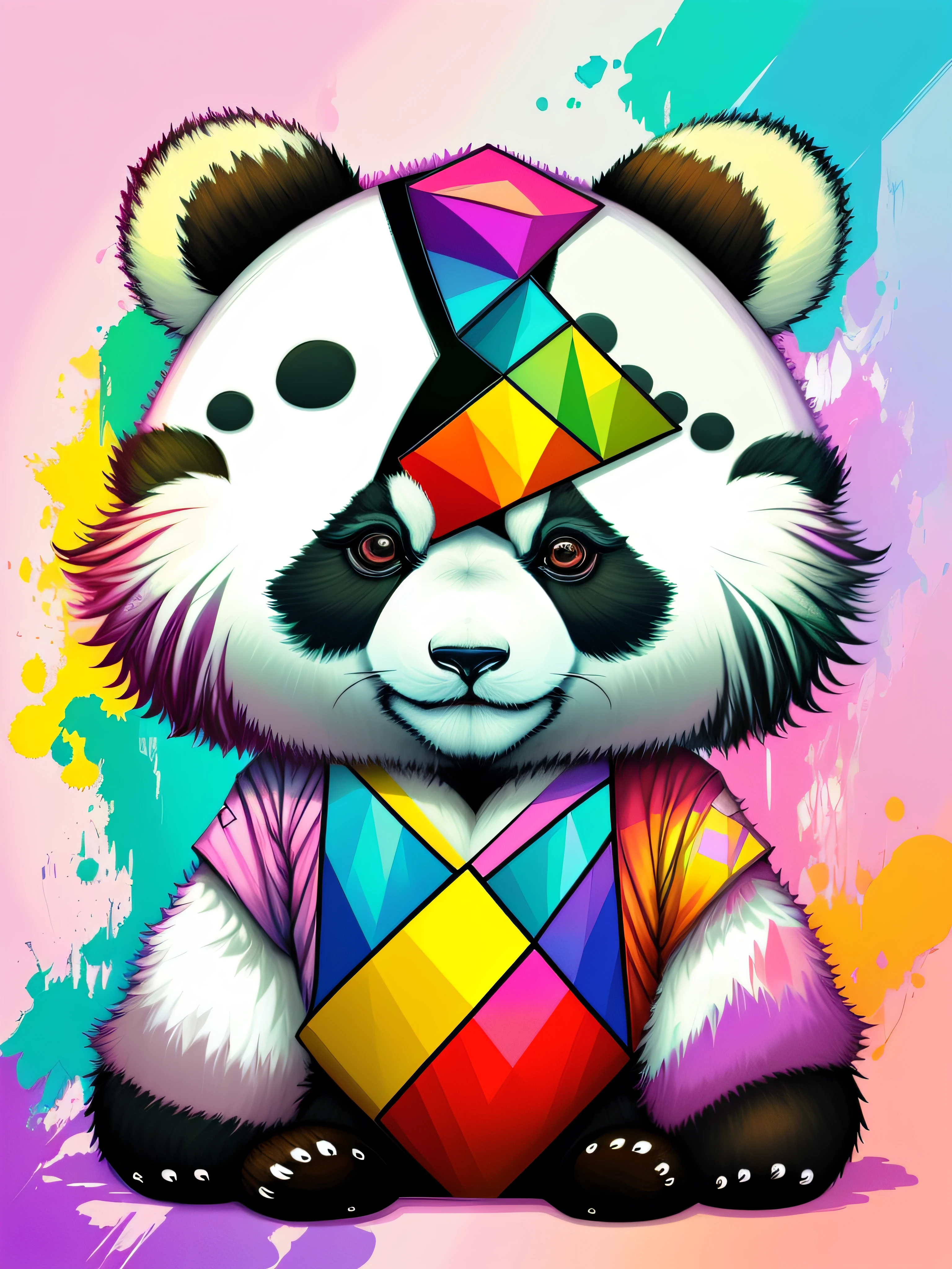 (panda (Pithecophaga jefferyi)), Eduardo Kobra acolchoamento ,multidimensional geometric PORTRAIT wall, arte, chibi, yang016k, lindo, colorido, obras-primas, qualidade superior, melhor qualidade, arte oficial, beautiful and aesthetic,