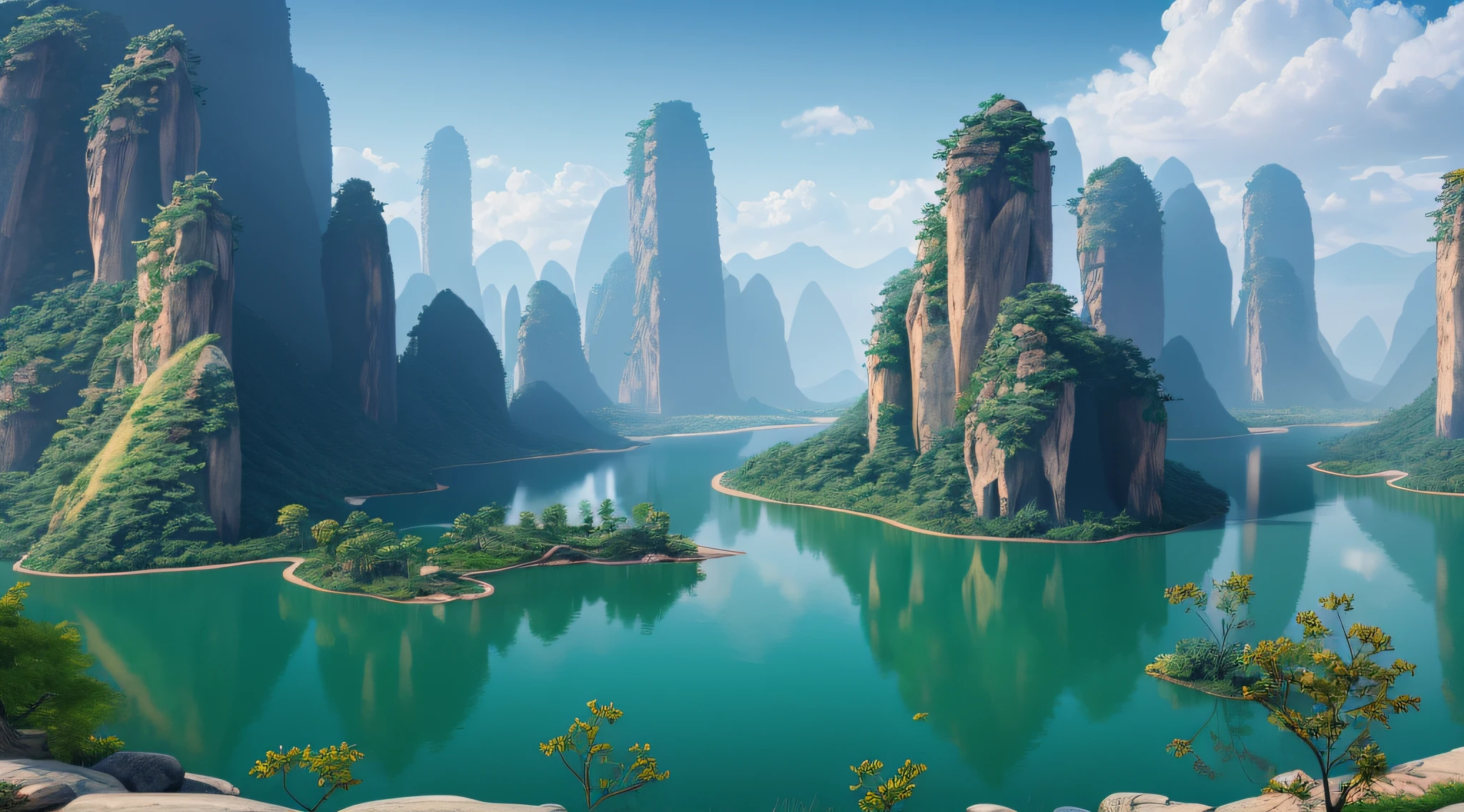 tmasterpiece，Chinese landforms，Best quality at best，high qulity，Extremely detailed Cg Unity 8K wallpapers，scenecy，exteriors，Skysky，green mountains，（Inspired by Zhangjiajie）Clouds，without humans，River（Large water surface area），Tress，A blue sky，cliff，Naturally，lakes，rivers，depth of fields，hdr，full bloom，color difference，Realism，The is very detailed，Trends on ArtStation，Trends on CGSociety，iintricate，high detal，Dramatic，Midjourney Art