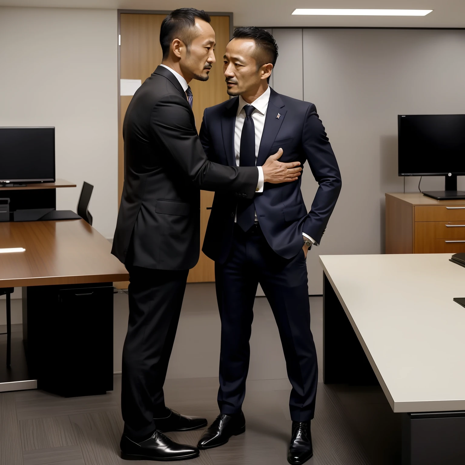 45 yers old，Hidetoshi Nakata，（Demo Mulroni 1.3），Shirtless，Tong，Bulge，office room，black long socks，Thin，musculature，lbeard，fortitude，artwork of a，tmasterpiece，k hd，Two people hugging，Business suit