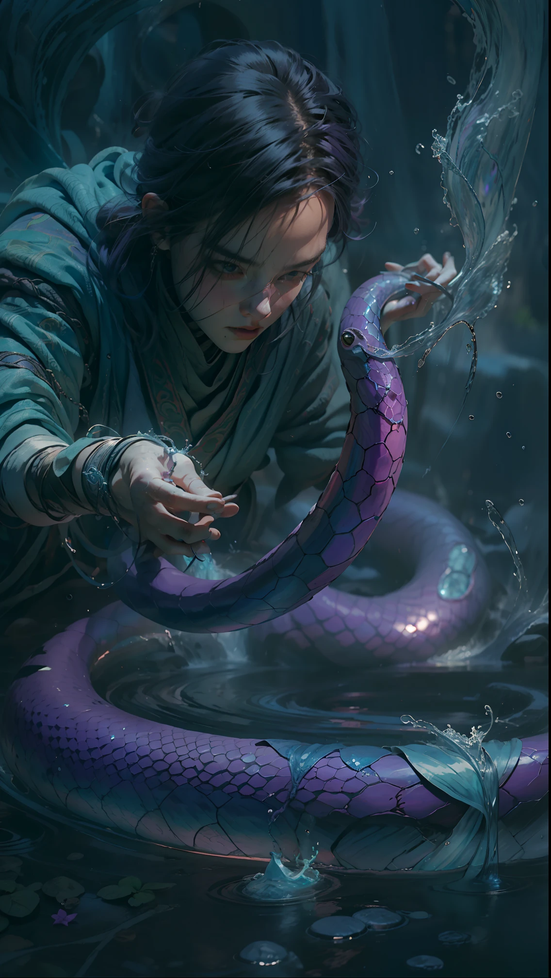 Powerful outdoor mage，Summon a giant purple snake to manipulate water magic.
Enigmatic Atmosphere, Saturated colors, Dynamic composition, Sony A7S III camera, Fujifilm Viva 100 film, 85mm lens, Bokeh effect, j.K. Rowling, j.r.r. Tolkien, George R.r. Martin, Alexander McQueen, Gucci