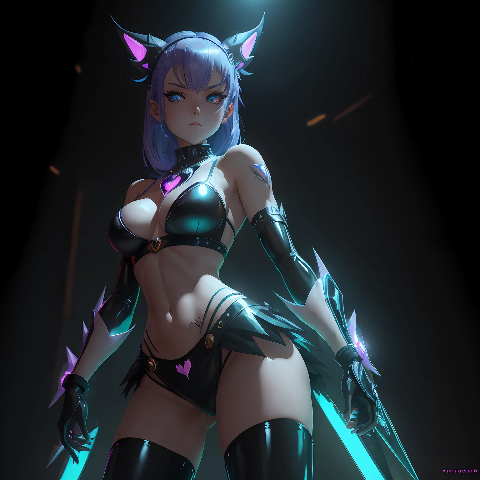 An evil magical girl in a skimpy outfit stands alone. Her costume is made up of latex fabric and transparent tights. She wears sharp black bikini armor. A hair ornament with sharp angles on her head. Sharp claws on her fingertips. A heart tattoo around her navel. Aqua colo eyes that shine with light. Futuristic machines in the background
