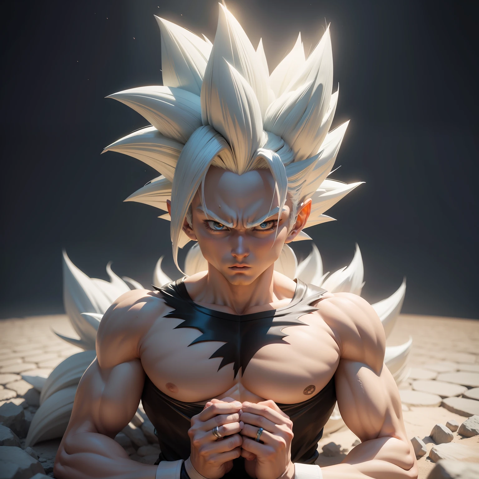 Goku, super saiyan, exquisite hair, arm depiction, white and blue hair body, exquisite shoes, eye depiction, exquisite hair, popmart blind box, clay texture, stepping on the land, black and white background, natural lighting, most good quality, super detail, 3D art, c4d, OC renderer, 3D rendering, 8k