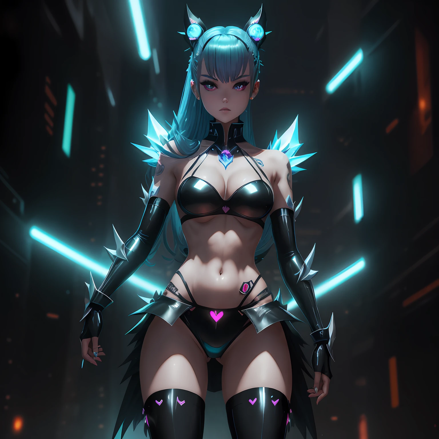 An evil magical girl in a skimpy outfit stands alone. Her costume is made up of latex fabric and transparent tights. She wears sharp black bikini armor. A hair ornament with sharp angles on her head. Sharp claws on her fingertips. A heart tattoo around her navel. Aqua colo eyes that shine with light. Futuristic machines in the background