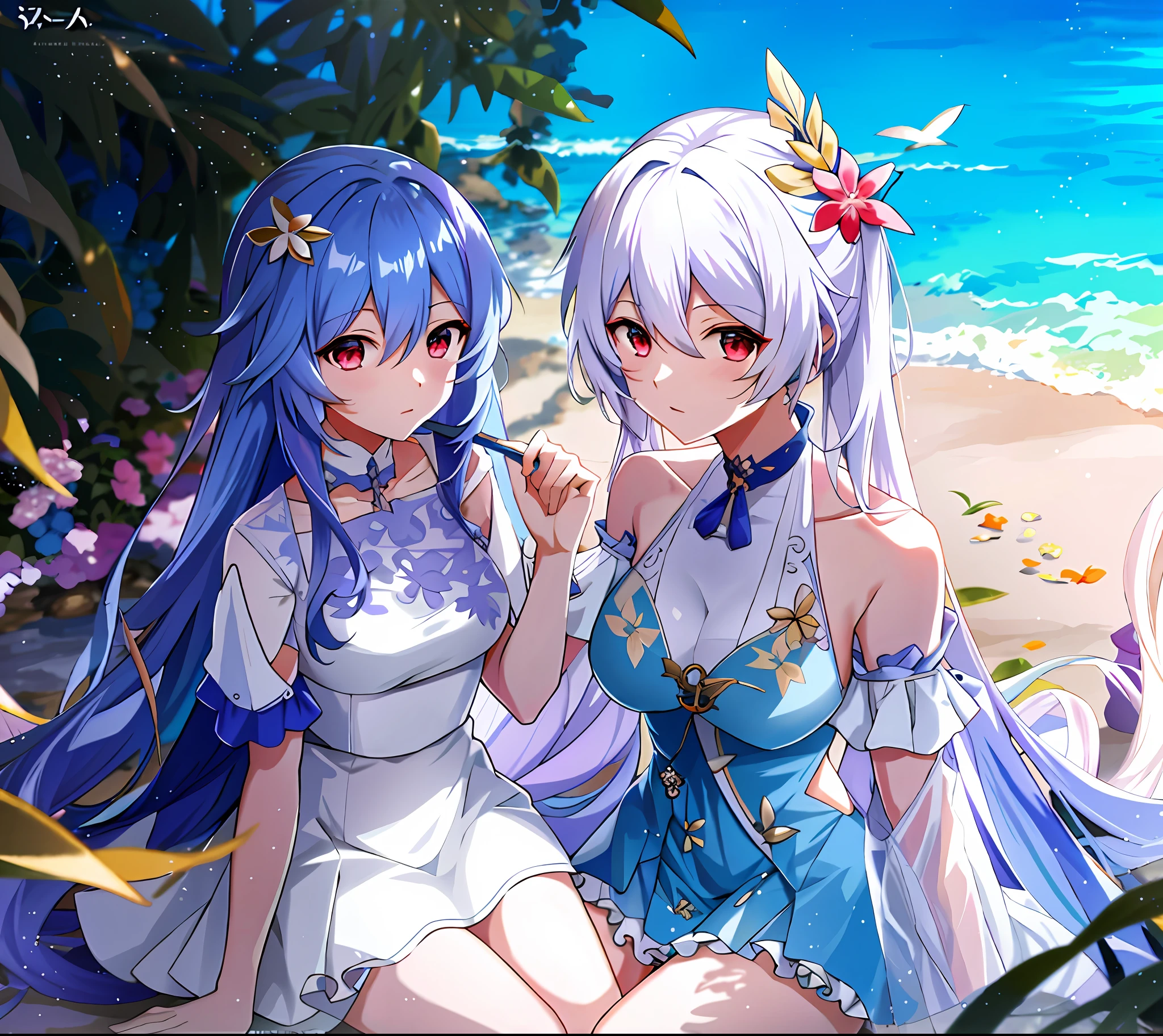 Anime characters sitting on the beach，The background is blue sky, nixeu and sakimichan, WLOP and Sakimichan, two beautiful anime girls, A scene from the《azur lane》videogame, Official artwork, sakimichan and frank franzzeta, zerochan art, Genshin, style of anime4 K, 《azur lane》role