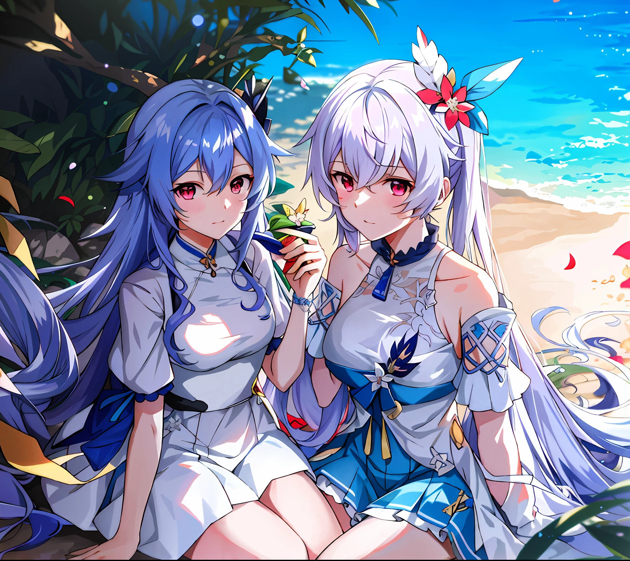 Anime characters sitting on the beach，The background is blue sky, nixeu and sakimichan, WLOP and Sakimichan, two beautiful anime girls, A scene from the《azur lane》videogame, Official artwork, sakimichan and frank franzzeta, zerochan art, Genshin, style of anime4 K, 《azur lane》role