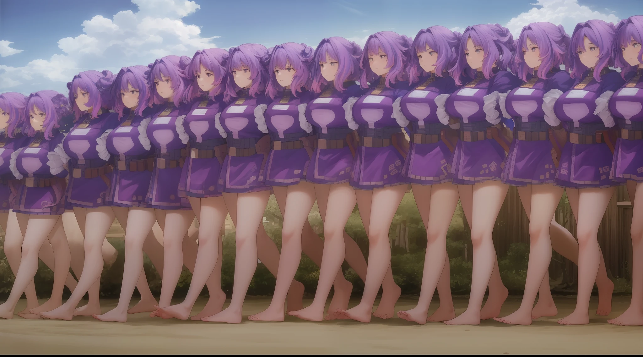 scan, (extremely detailed CG unity 8k wallpaper:1.1), highres, (thousands of, millions of, crowd of) +100girls, identical sisters, clones, doppelgangers, lady nagant, boku no hero academia, (purple hair, matching hairstyles), (multicolored hair), (purple eyes), breasts, beach, (purple bikini, matching outfit), barefoot, standing in formation, in neat rows, upper body