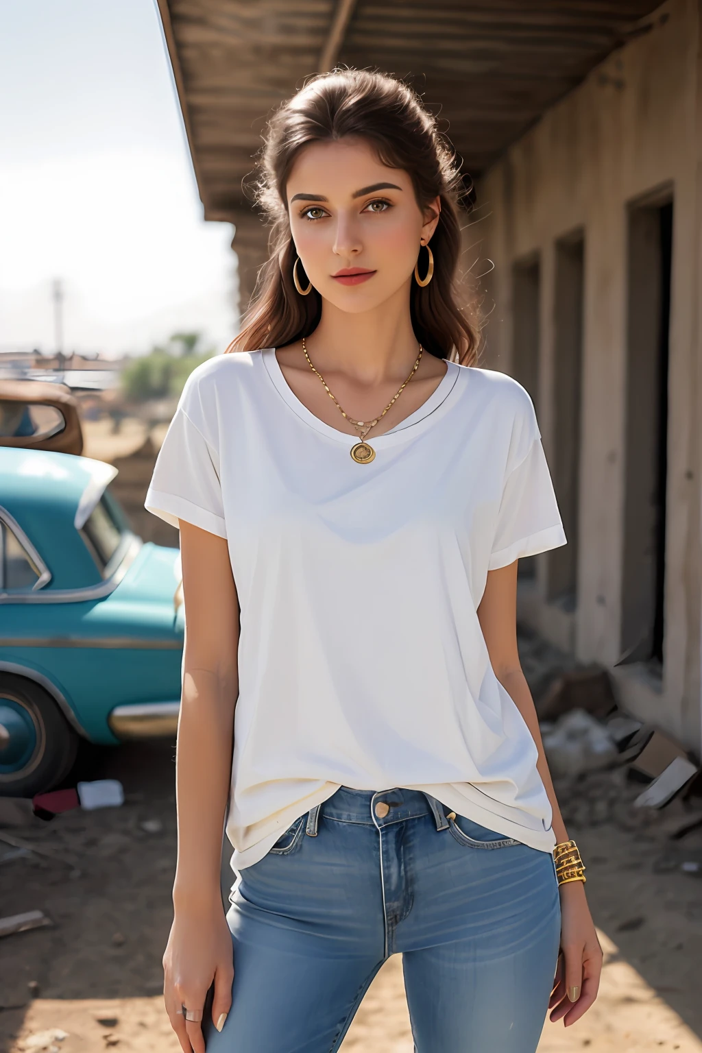 (RAW photo, realism: 1.8), (dark lip gloss, dull lipstick, many eyelashes, black eye shadow, shy, blushing, high quality, high resolution, depth of field, chromatic aberration, caustic, wide light, natural colors, 25 year old woman), thin gold chain, small earrings, gold bracelets, wear many accessories, large breasts, style A seriousness,
((Best Quality, 8k, Masterpiece:1.3)), Focus: 1.2, Perfect Body Beauty: 1.4, Arabian 25 years old woman: 1.2, ((long weavy Hairs)), (Dirty white baggy basic tee-shirt:1.1), Dirty and dusty white torn basic full body length tee-shirt, grey torn style skinny jeans, long jeans: 1.1, Highly detailed face and skin texture, Detailed eyes, Double eyelids, toned body, Whitened skin, minor smile, large breasts, toned legs, beautiful detailed feets, long heel's, detailed feets and fingers, perfect feet's, toned legs, whitened skin, detailed sharp eyes and face, middle eastern woman, steel gray baggy basic tee-shirt, Dirty white plain Baggy torn Tee-shirt, dust scar's on white torn Teeshirt, toned hips, 8K UHD, thin gold chain in neck, model looks, standing at carrying brown leather hand bag, wearing wrist watch, bracelet, bangle's open legs style Posing, daylight, standing at ruined city, apocalyptic environment, dusty atmosphere, full body shot, ankle boots, sunlight raises on background, damage old vintage cars in background