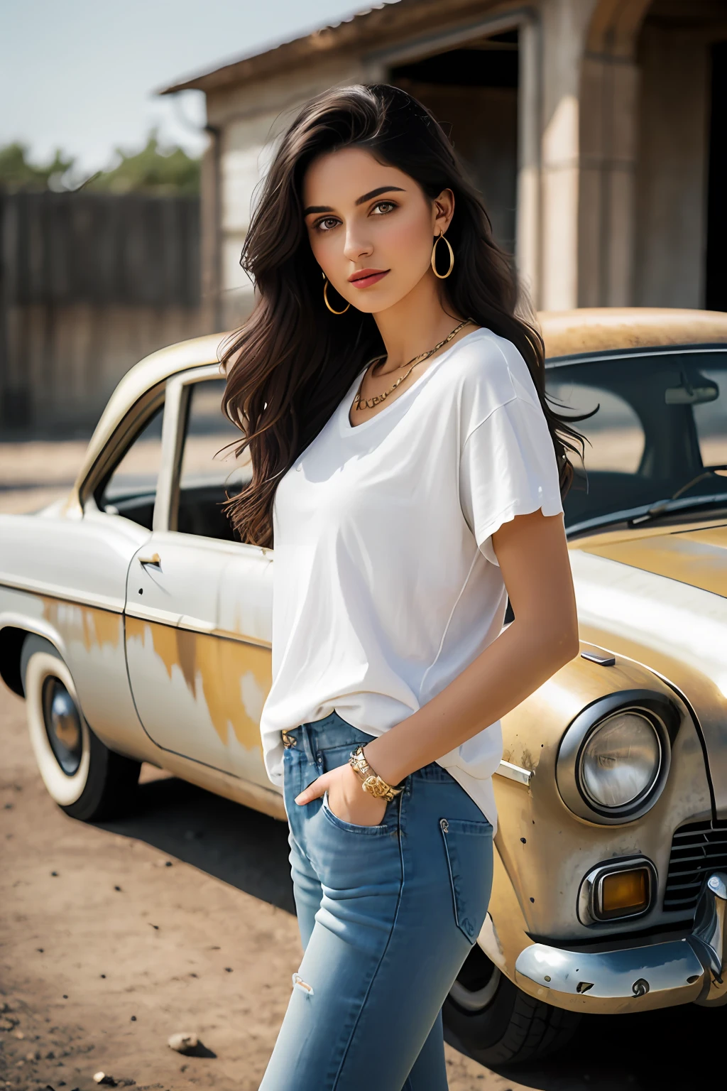 (RAW photo, realism: 1.8), (dark lip gloss, dull lipstick, many eyelashes, black eye shadow, shy, blushing, high quality, high resolution, depth of field, chromatic aberration, caustic, wide light, natural colors, 25 year old woman), thin gold chain, small earrings, gold bracelets, wear many accessories, large breasts, style A seriousness,
((Best Quality, 8k, Masterpiece:1.3)), Focus: 1.2, Perfect Body Beauty: 1.4, Arabian 25 years old woman: 1.2, ((long weavy Hairs)), (Dirty white baggy basic tee-shirt:1.1), Dirty and dusty white torn basic full body length tee-shirt, grey torn style skinny jeans, long jeans: 1.1, Highly detailed face and skin texture, Detailed eyes, Double eyelids, toned body, Whitened skin, minor smile, large breasts, toned legs, beautiful detailed feets, long heel's, detailed feets and fingers, perfect feet's, toned legs, whitened skin, detailed sharp eyes and face, middle eastern woman, steel gray baggy basic tee-shirt, Dirty white plain Baggy torn Tee-shirt, dust scar's on white torn Teeshirt, toned hips, 8K UHD, thin gold chain in neck, model looks, standing at carrying brown leather hand bag, wearing wrist watch, bracelet, bangle's open legs style Posing, daylight, standing at ruined city, apocalyptic environment, dusty atmosphere, full body shot, ankle boots, sunlight raises on background, damage old vintage cars in background