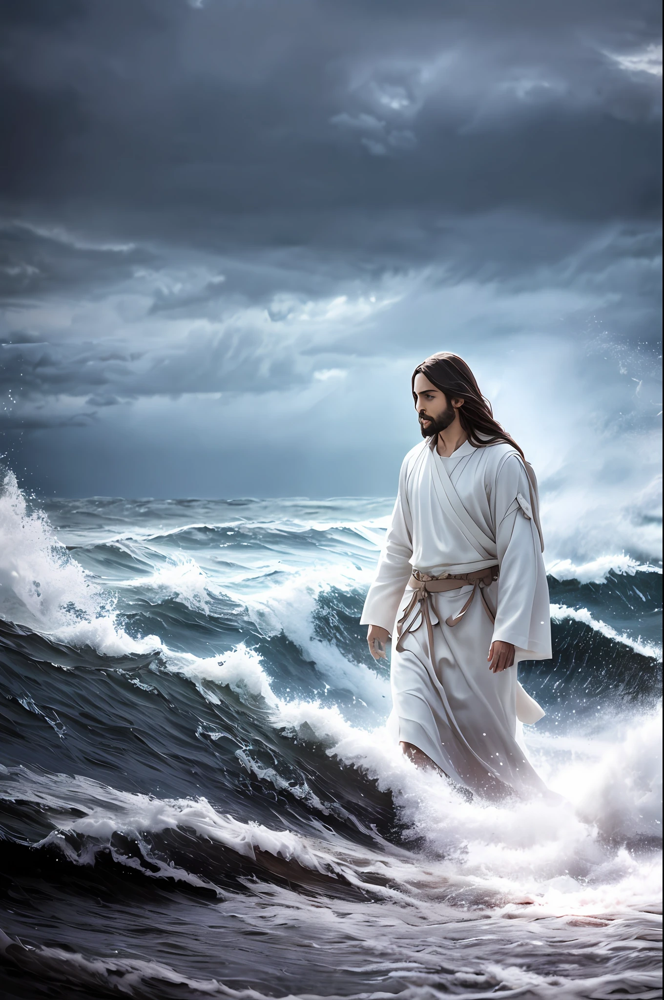 Jesus walking on water in a storm, gentle expression, streaks of light coming down from the sky, masterpiece, highest quality, high quality, highly detailed CG unit 8k wallpaper, award-winning photos, bokeh, depth of field, HDR, bloom, chromatic aberration, realistic, very detailed, trending at artstation, trending at CGsociety, complex, high detail, dramatic, mid-journey art, volumetric lighting