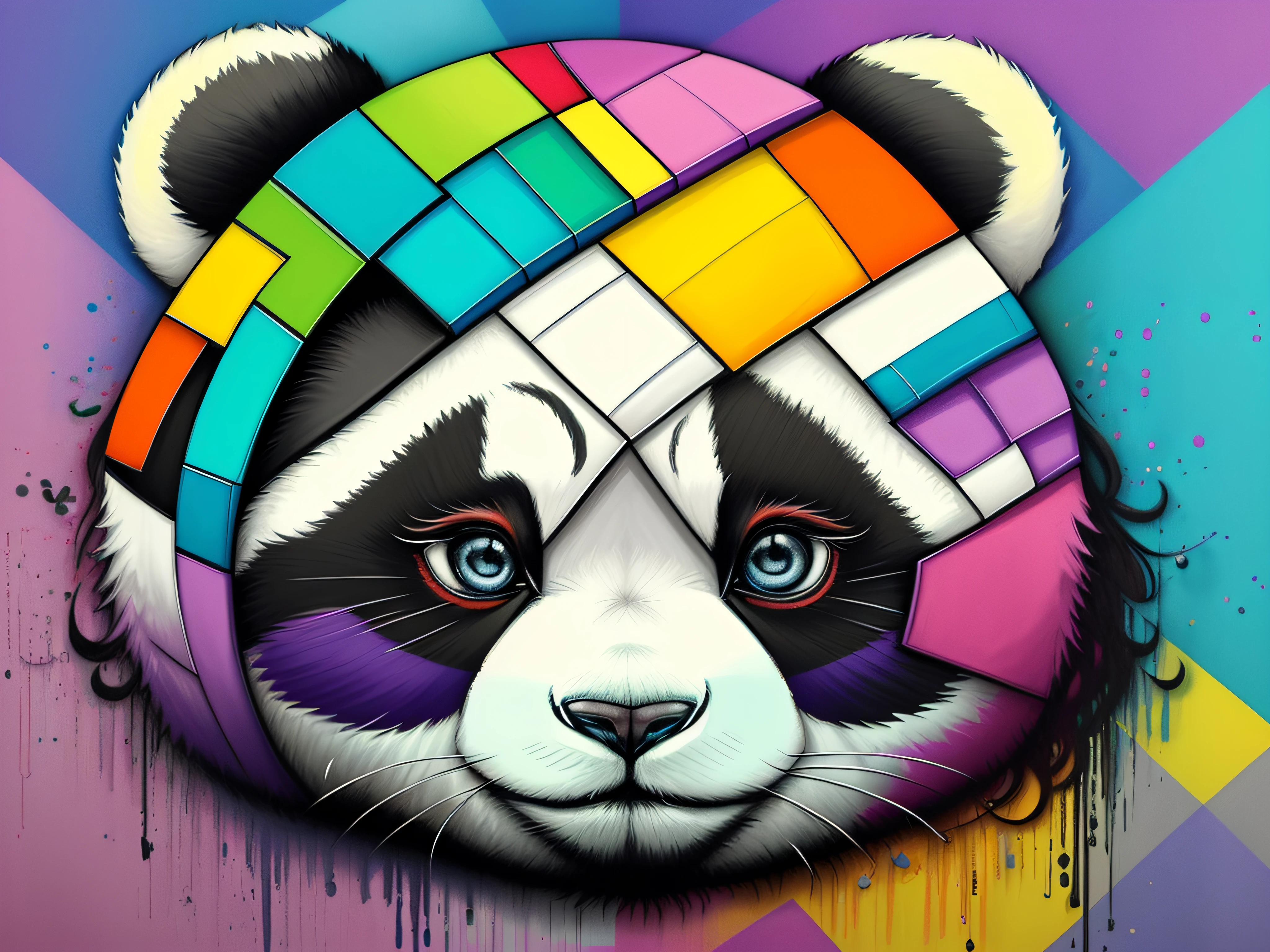 (panda (Pithecophaga jefferyi)), Eduardo Kobra acolchoamento ,multidimensional geometric PORTRAIT wall, arte, chibi, yang016k, lindo, colorido, obras-primas, qualidade superior, melhor qualidade, arte oficial, beautiful and aesthetic,