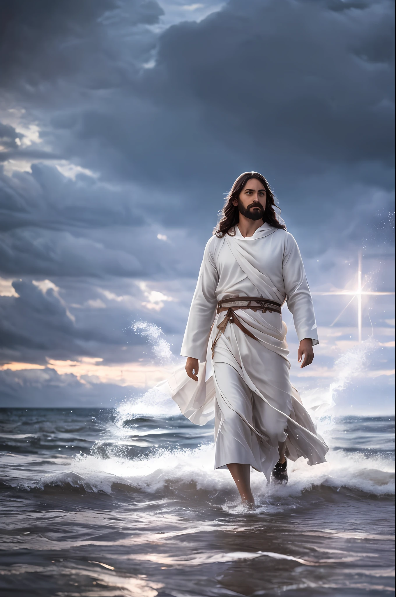 Jesus walking on water in a storm, gentle expression, streaks of light coming down from the sky, masterpiece, highest quality, high quality, highly detailed CG unit 8k wallpaper, award-winning photos, bokeh, depth of field, HDR, bloom, chromatic aberration, realistic, very detailed, trending at artstation, trending at CGsociety, complex, high detail, dramatic, mid-journey art, volumetric lighting