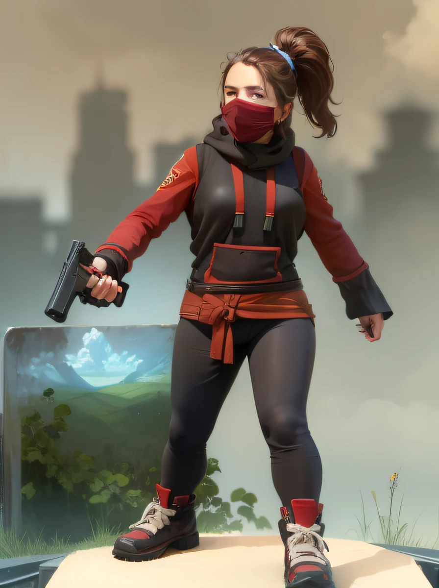 garota, 18 anos, sexy, brown hair, European, caucasiana, holding a pistol in his hand, Realistic.