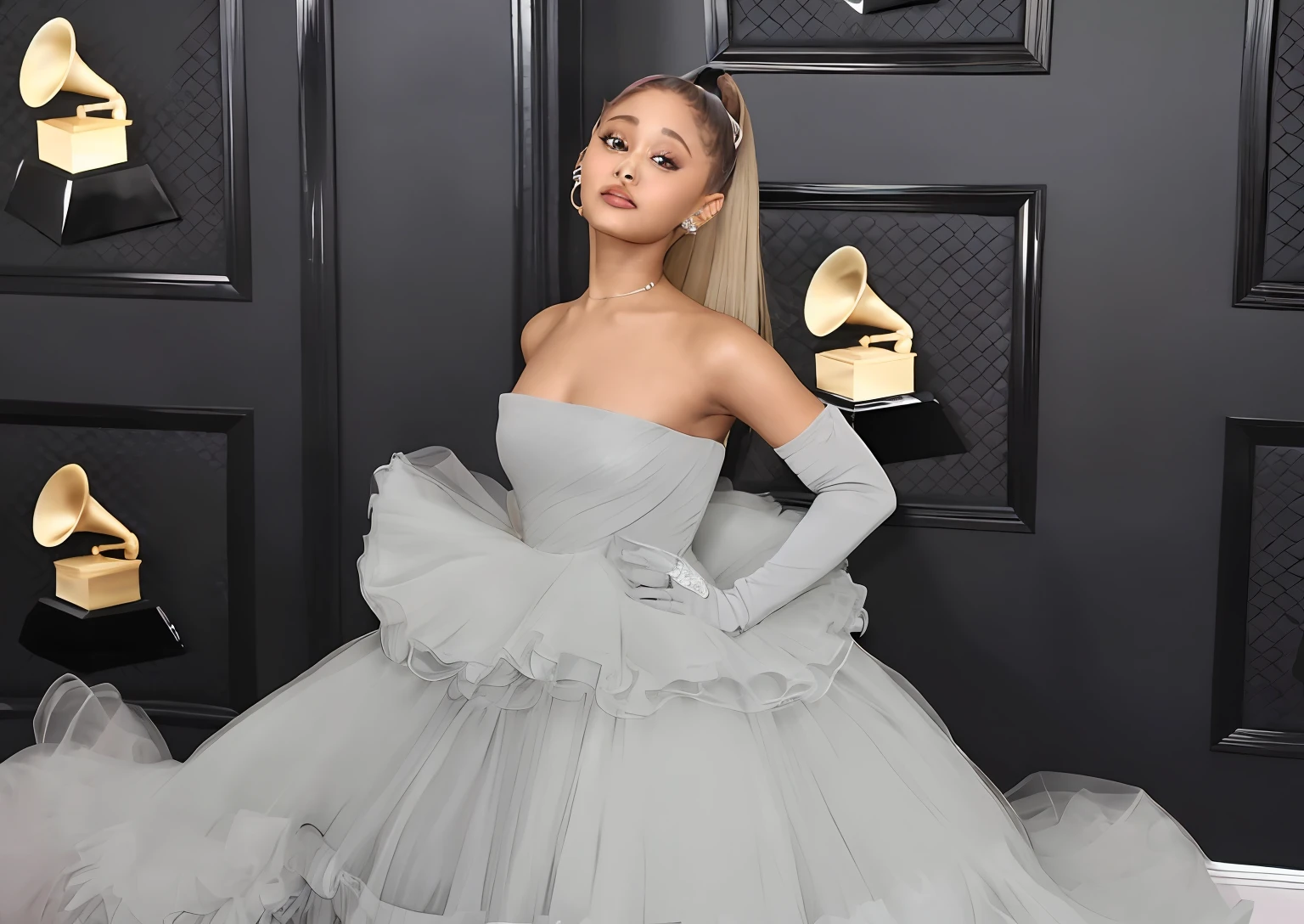 Uma mulher de vestido e luvas posa no tapete vermelho, Ariana Grande, Ariana Grande Fotografia, Retrato de Ariana Grande, Cardi B, Cl, Zendaya, taken in the early 2020s, Ariana Grande em Star Wars, Vencedor do Grammy, Vera Wang Alta-Costura, "Zendaya, Ariana Grande as a mermaid, Ariana Grande as a sith