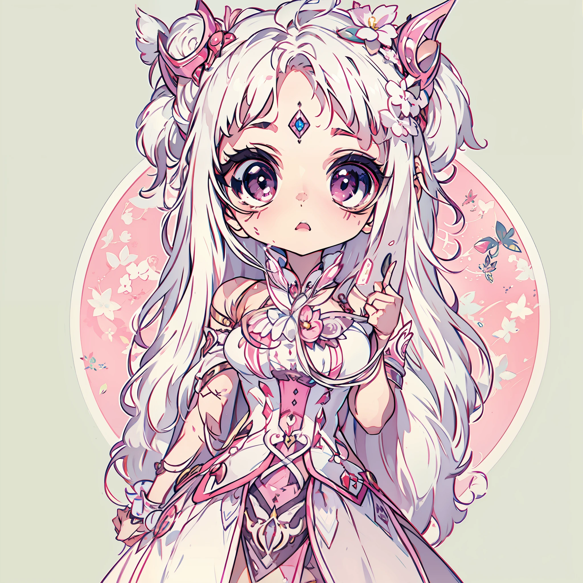 Una pegatina con un borde recortado blanco sobre un fondo neutro de cuerpo completo. En el estilo de anime kawaii una elfa desgarbada y delgada, vestido con armadura de acero ligero, Llevar grande , Orejas muy grandes y puntiagudas, Cabello largo y lacio, con ojos muy expresivos.