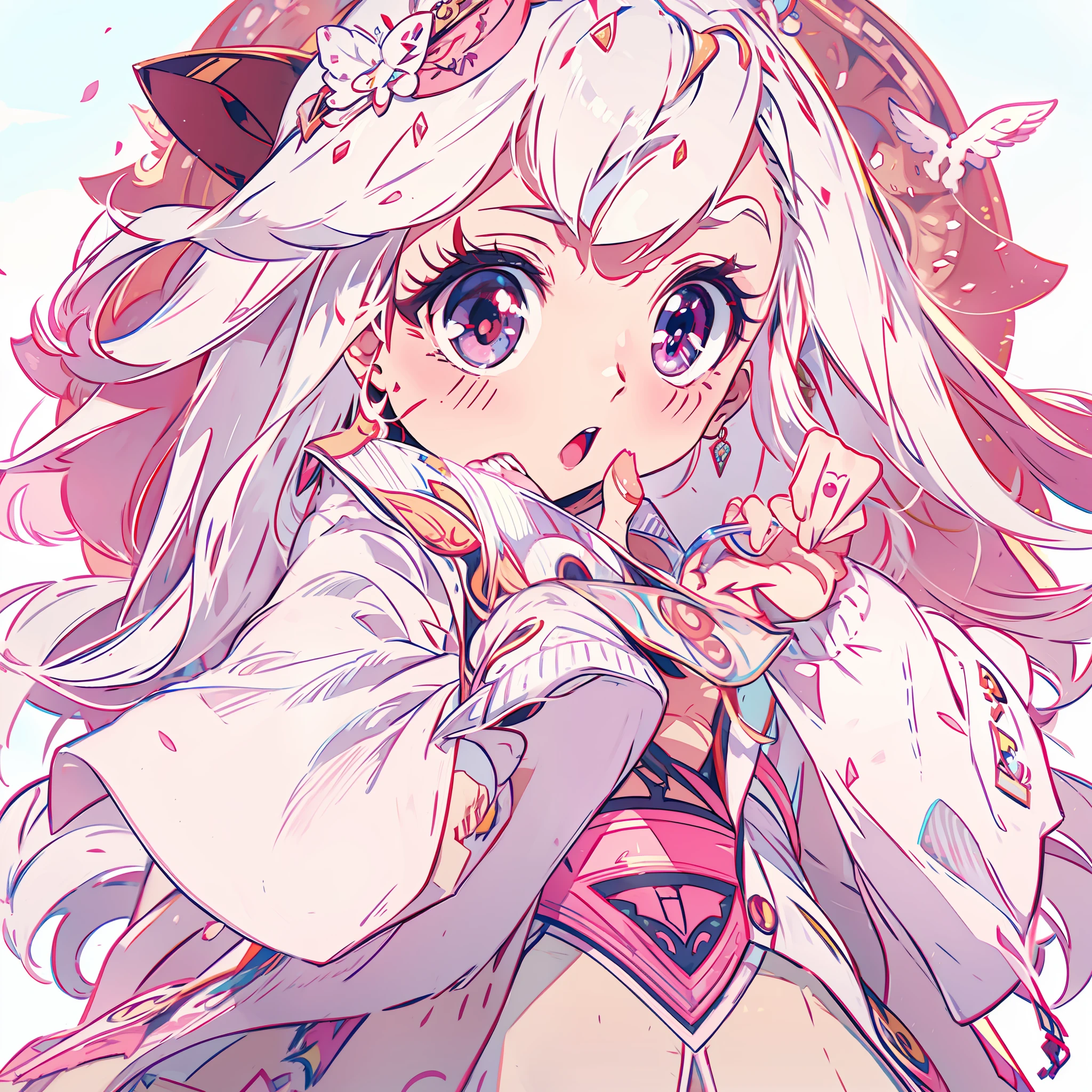Una pegatina con un borde recortado blanco sobre un fondo neutro de cuerpo completo. En el estilo de anime kawaii una elfa desgarbada y delgada, vestido con armadura de acero ligero, Llevar grande , Orejas muy grandes y puntiagudas, Cabello largo y lacio, con ojos muy expresivos.