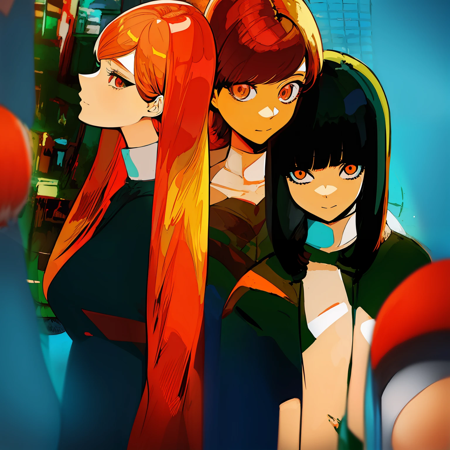 Two girls who are both Polycephaly. One girl has black hair and red eyes. The other girl has orange hair and orange eyes. The girl with black hair is staring up in the sky nervously, well the girl the orange hair looks at her worried.