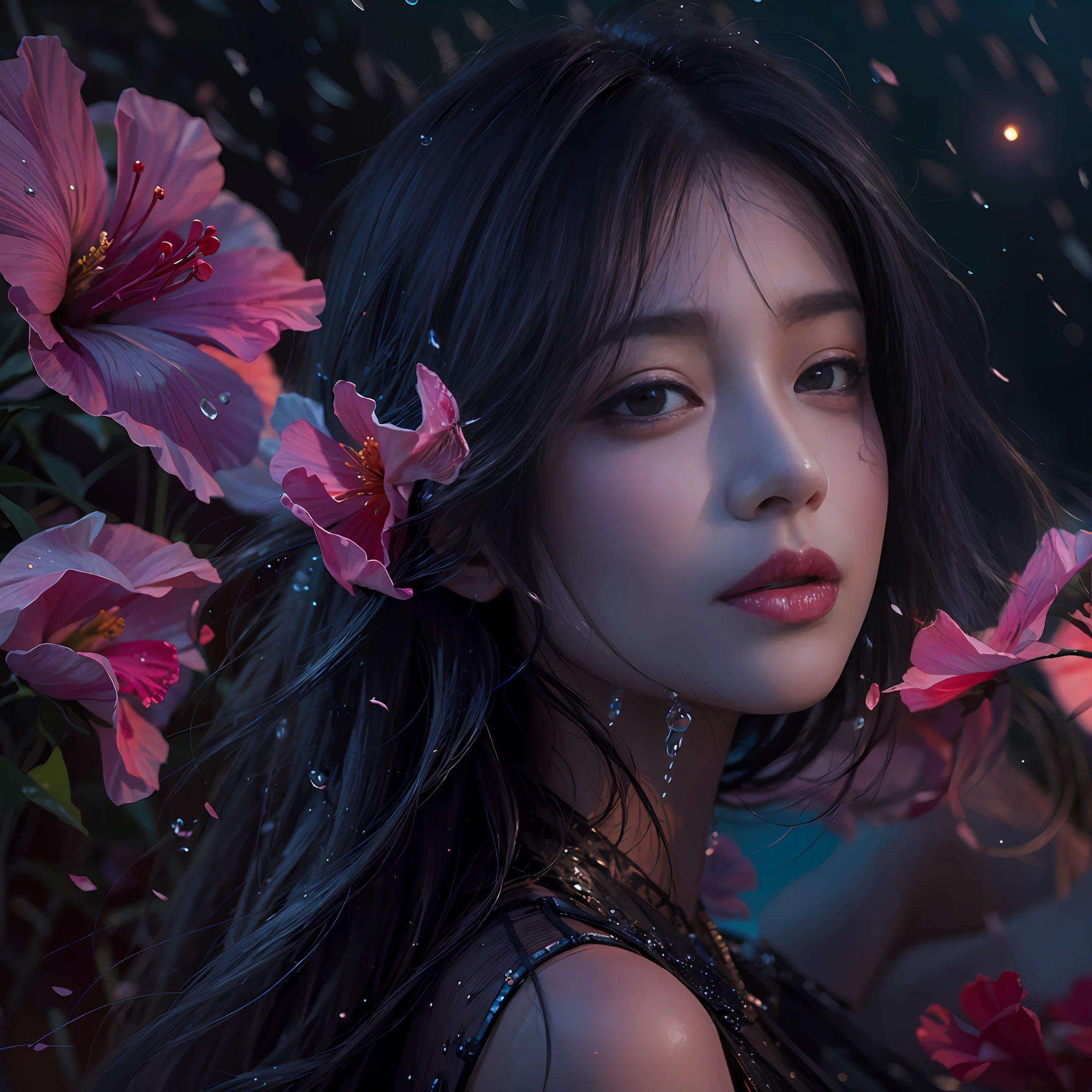 hibiscus Moon with water drops,neonlight,Random background,sunraise,bokha mood,A girl with long flowing hair,The petals fall in the wind,Nikon photo effect