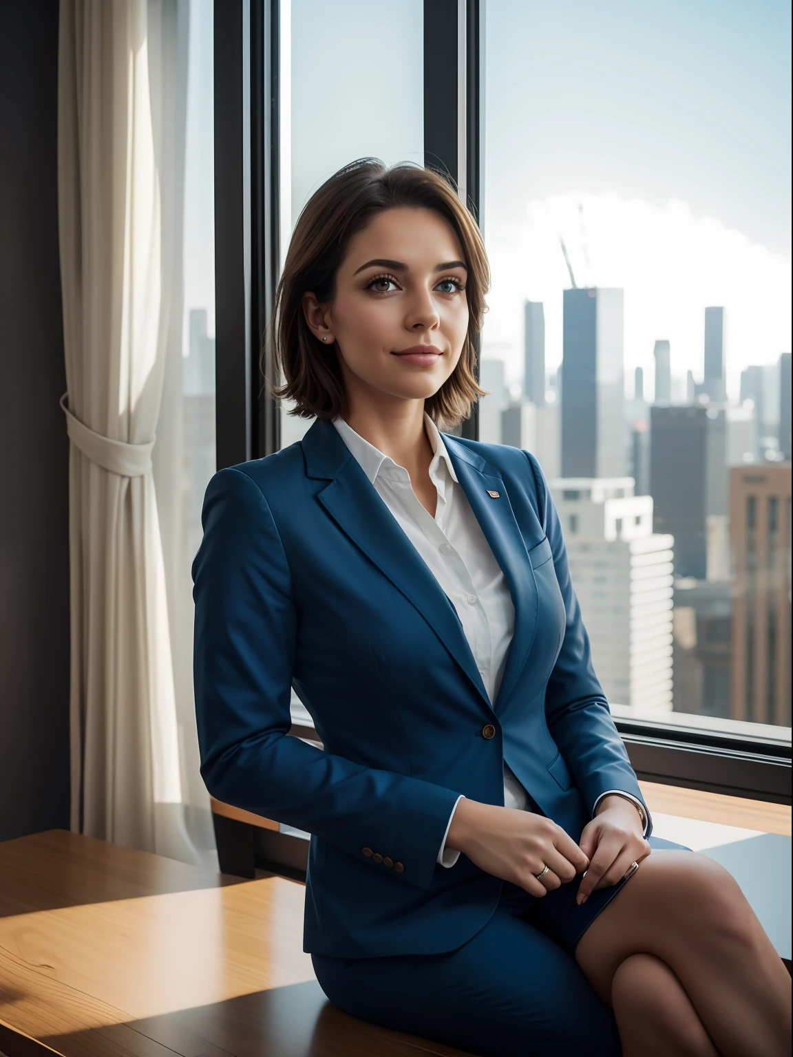 A cute woman sitting in the office,crew cut,business suit,Windows,Cityscape,corpo inteiro,macho maduro,,best quality, 50mm f/2.8, fotografia e revista GQ, Trending on Flickr Masterpiece, high resolution, best quality,, Realistic, Realistic photo, foto do filme, ultra realistic, 1 pessoa, circunstanciado, perfect lighting, DSRL, foto profissional, 4k ,blue lighting,sorrir