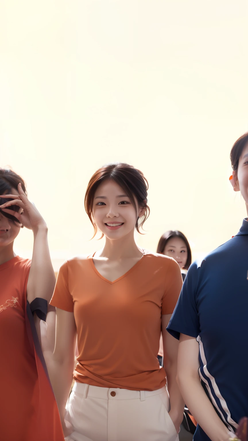 There is women wearing a orange t-shirt, beautiful, hd 4k, smiling, medium breast, short hair, black hair, Korean face, cute,