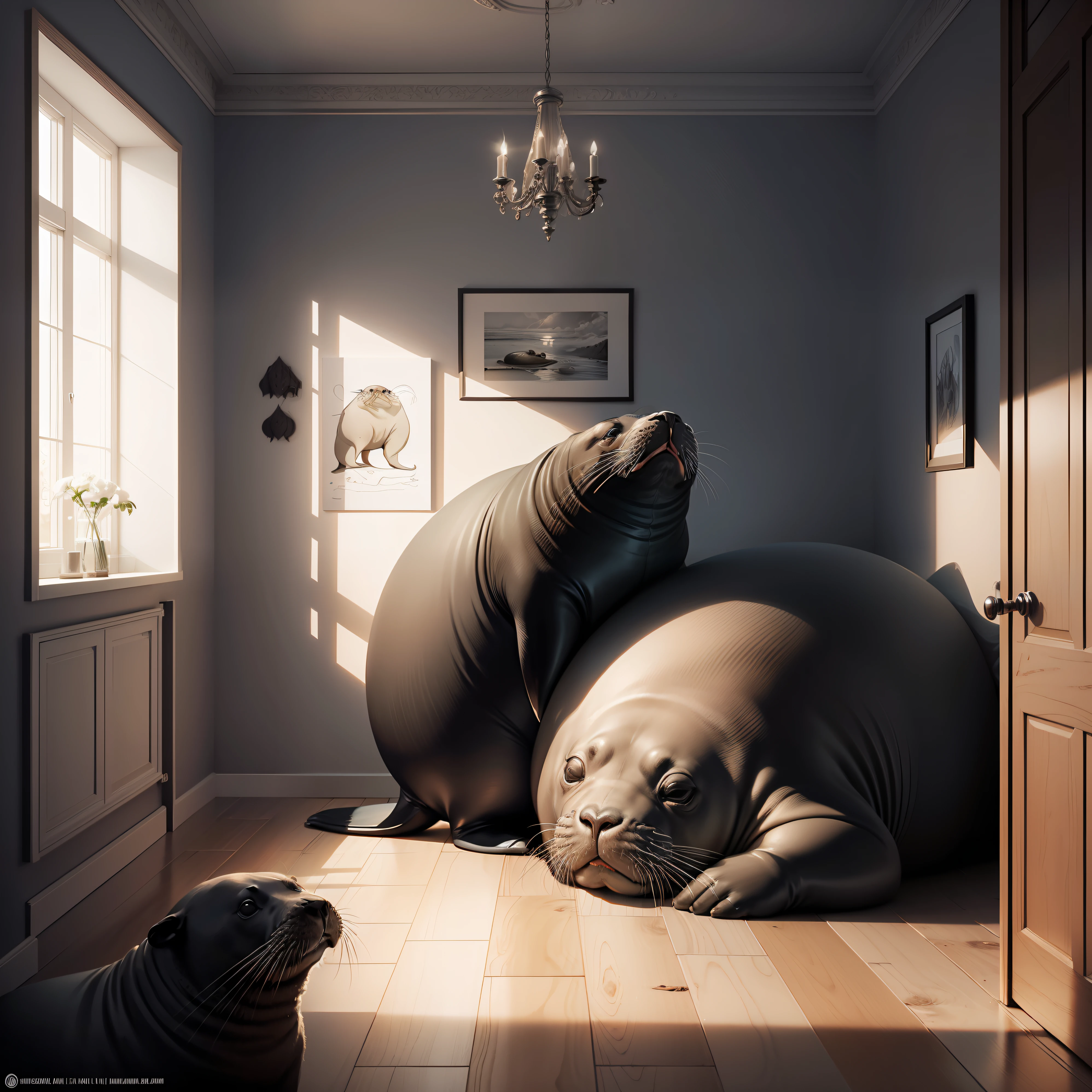 walrus, sea lion, seal, in a room, high resolution, fantasy drawing, pencil strokes, black and white