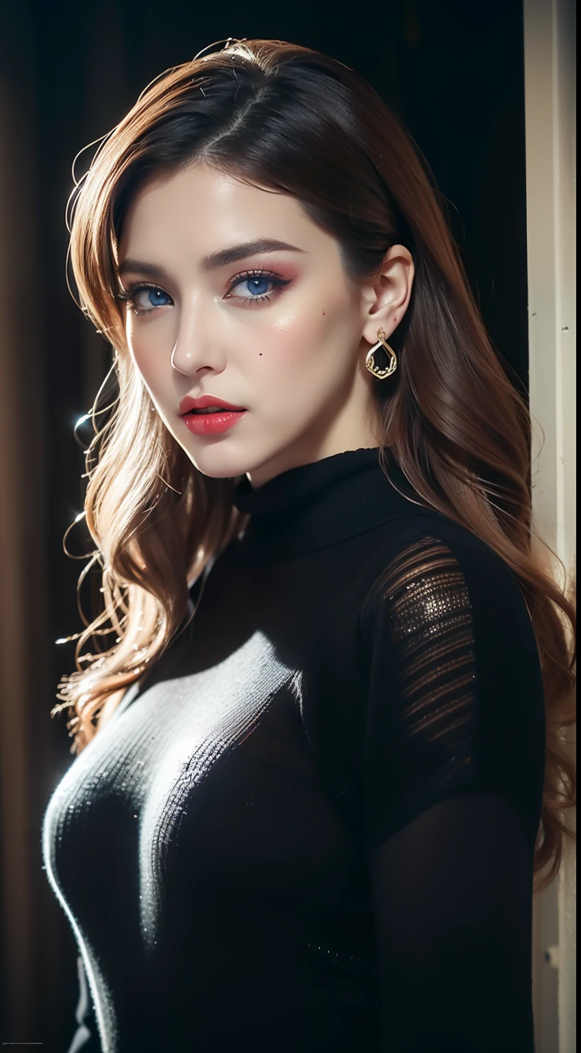 (incredibly absurdres, ultra-detailed, CG, unity, 8k wallpaper), (realistic), (raw photo:1.2), (detailed face :1.4), (beautiful detailed eyes :1.2), (detailed hair), light on face, huge filesize, 1 girl, sexy, nsfw, eyeliner, kawaii, student, long hair, brown hair, ((wavy hair)), hair ornament, ((light blush)), ((mole under eye)), ((expressionless eyes)), blue eyes, ((large breasts)), fashi-g, red lips, makeup, shirtlift, ((black sweater dress)), black kneehighs, high heels, jewelry, earrings, necklace, looking at viewer, (photorealistic:1.2), cinematic lighting, Depth of field, (masterpiece), (best quality:1.2)