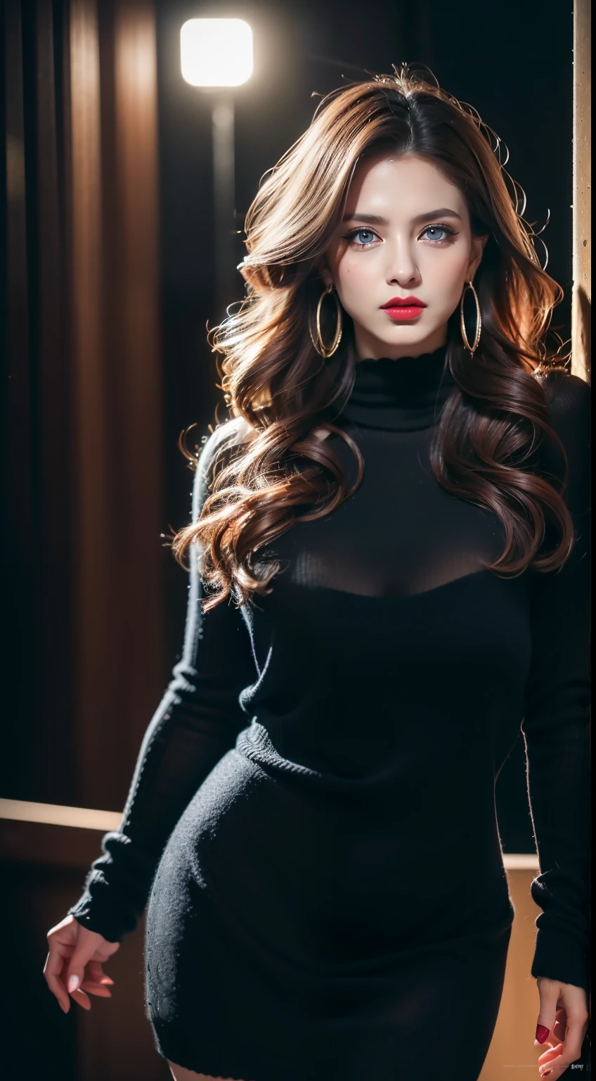 (incredibly absurdres, ultra-detailed, CG, unity, 8k wallpaper), (realistic), (raw photo:1.2), (detailed face :1.4), (beautiful detailed eyes :1.2), (detailed hair), light on face, huge filesize, 1 girl, sexy, nsfw, eyeliner, kawaii, student, long hair, brown hair, ((wavy hair)), hair ornament, ((light blush)), ((mole under eye)), ((expressionless eyes)), blue eyes, ((large breasts)), fashi-g, red lips, makeup, shirtlift, ((black sweater dress)), black kneehighs, high heels, jewelry, earrings, necklace, looking at viewer, (photorealistic:1.2), cinematic lighting, Depth of field, (masterpiece), (best quality:1.2)