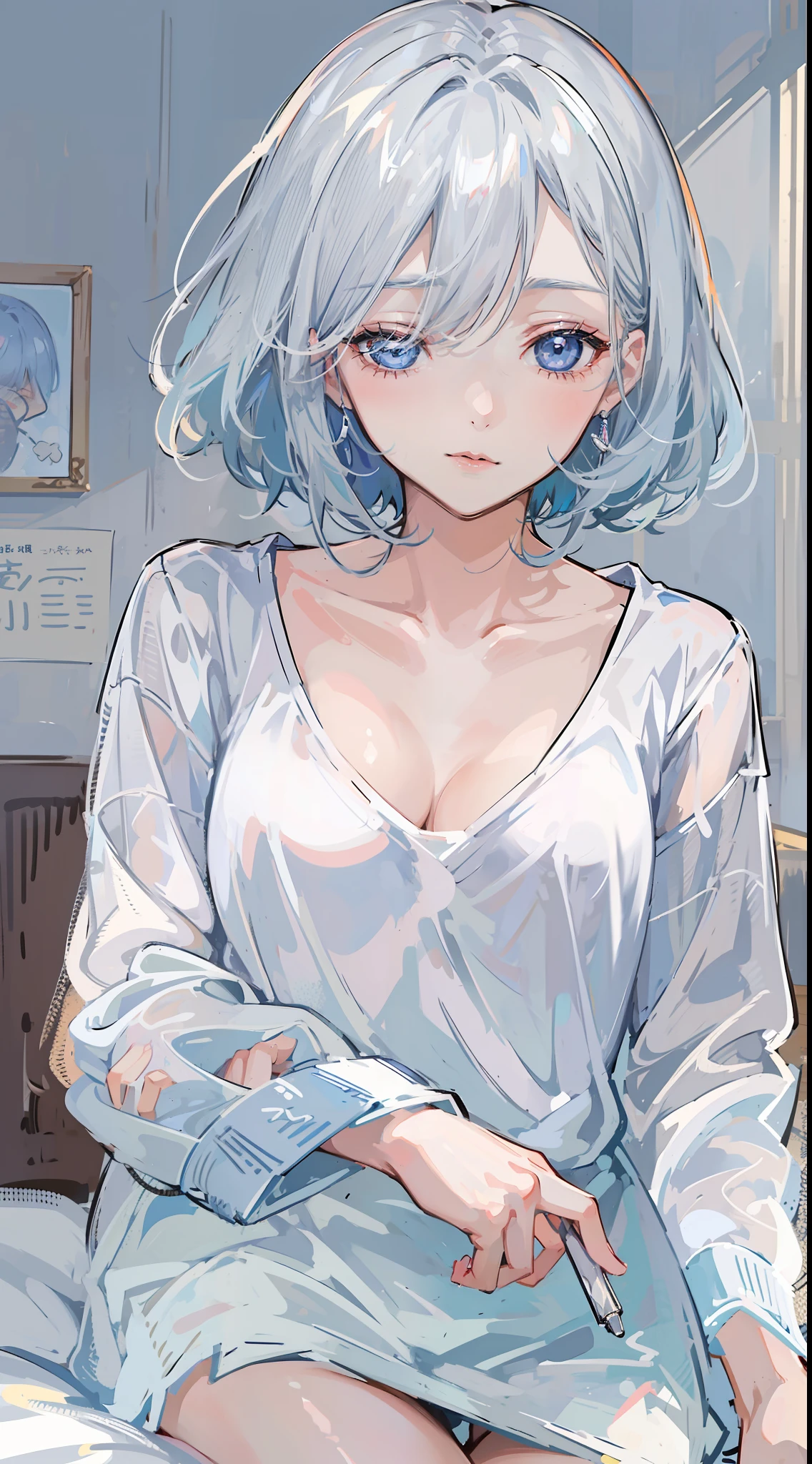 Become a woman。Short-haired woman with silver hair。Has blue eyes。I'm not feeling well and I'm sleeping。I'm in bed。It is an anime-style illustration。Beautiful with the best image quality。