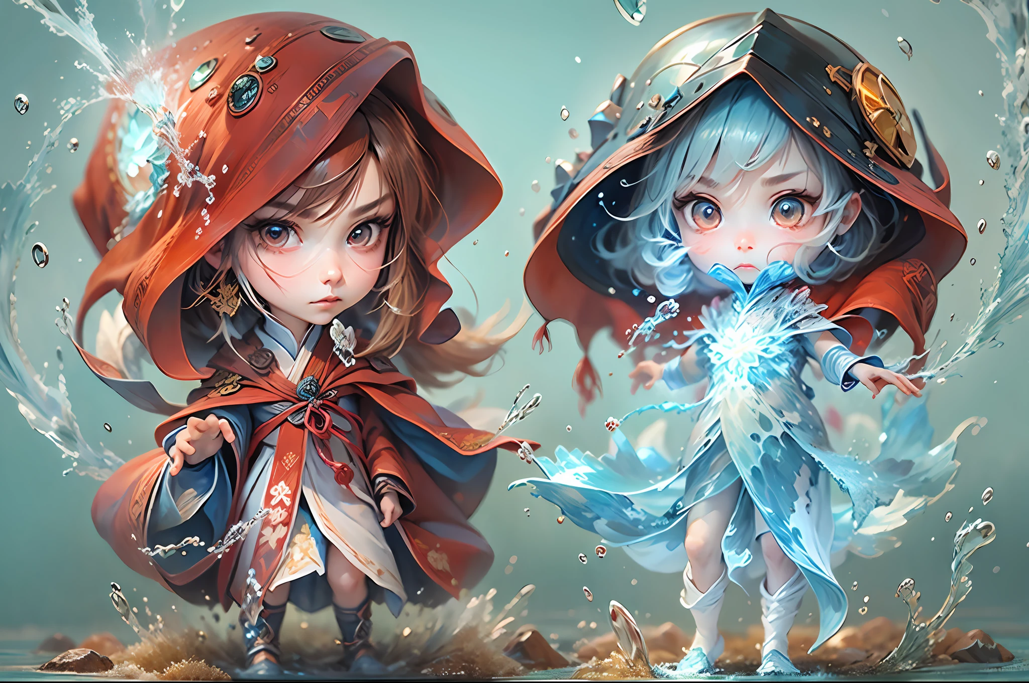 Q version 3 years old（Red robe：1.4）Baby girl standing in front of a transparent blue water dragon，crystal-clear，Eau，water flowing，drippy，Around the girl，Combines the power of water and ice elements，Create powerful ice storms，Freeze surrounding enemies and deal extensive freeze damage，high qulity，8K分辨率，tmasterpiece，Works of masters，super-fine，Water portrays details，复杂