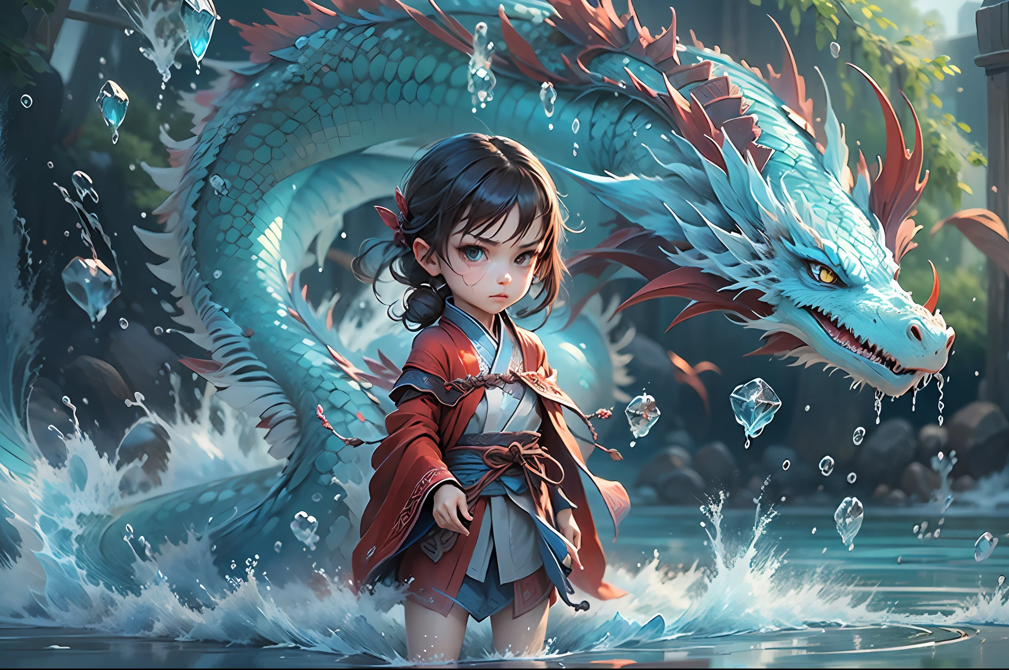 Q version 3 years old（Red robe：1.4）Baby girl standing in front of a transparent blue water dragon，crystal-clear，Eau，water flowing，drippy，Around the girl，Combines the power of water and ice elements，Create powerful ice storms，Freeze surrounding enemies and deal extensive freeze damage，high qulity，8K分辨率，tmasterpiece，Works of masters，super-fine，Water portrays details，复杂